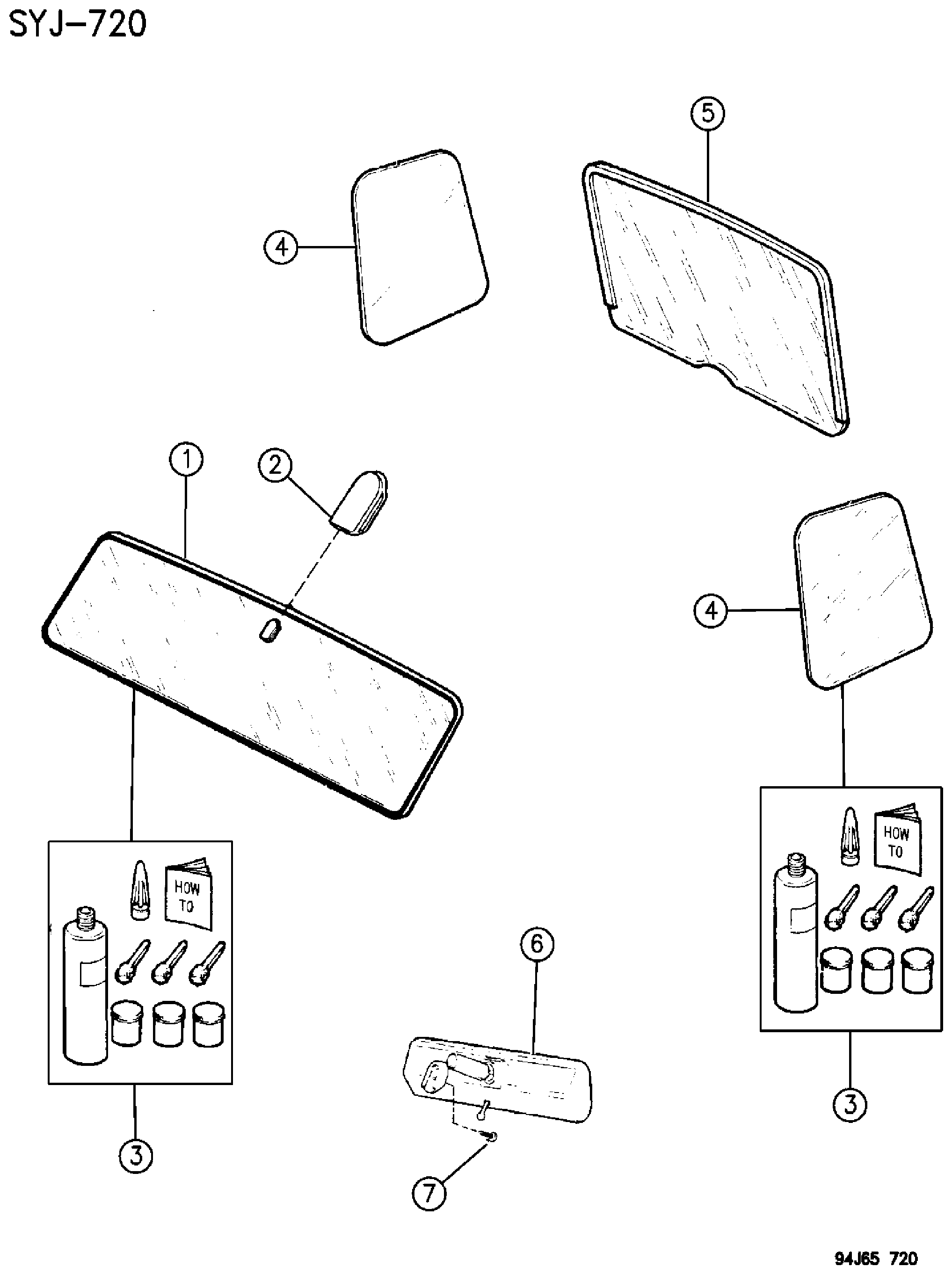 Exploded view: GLASS, MIRROR, INSIDE REAR VIEW LESS WORLD CAB WRANGLER, YJ