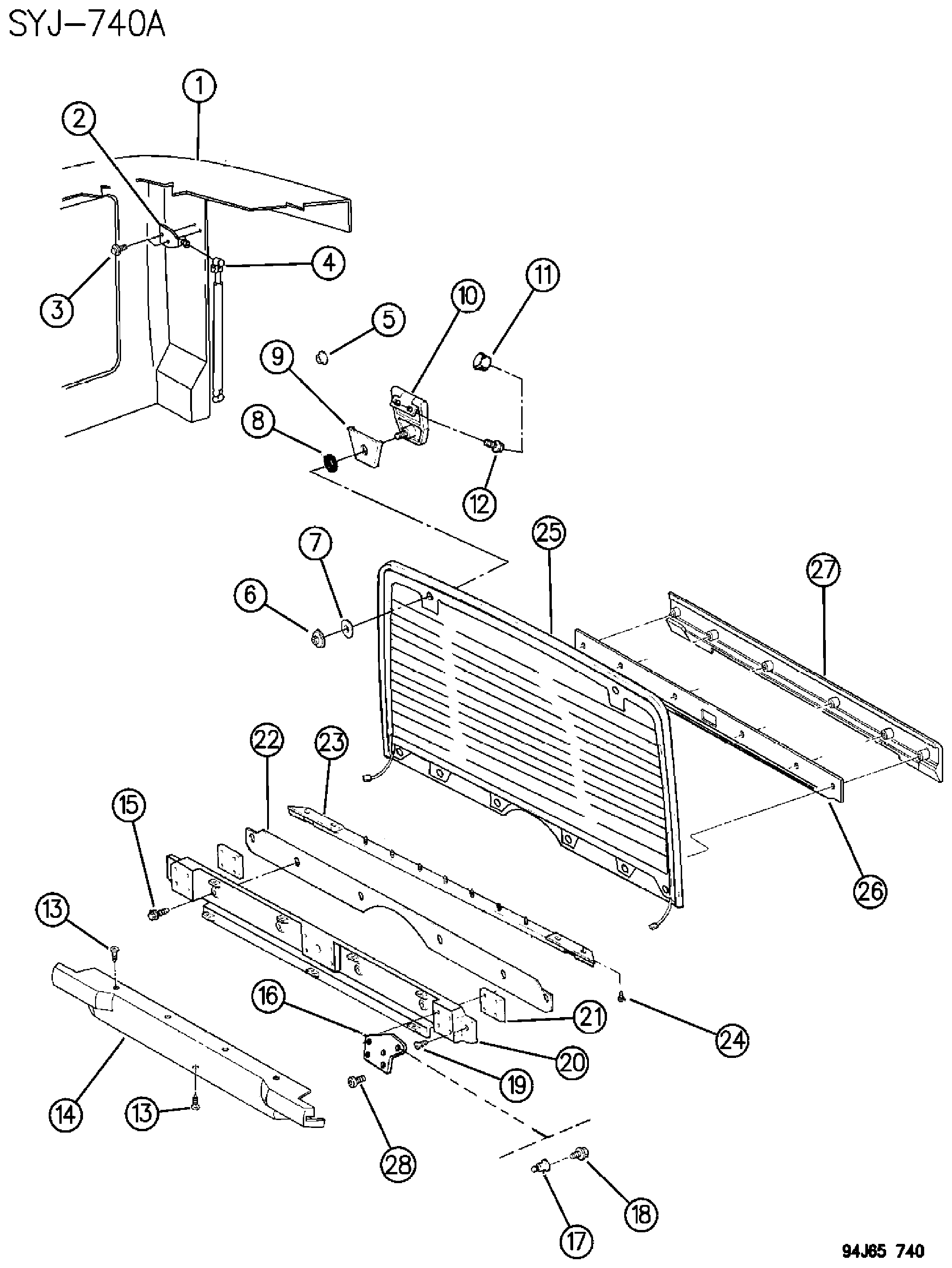 Exploded view: LIFT DOOR GLASS AND RELATED PARTS WITH HARD TOP ENCLOSURE WRANGLER, YJ