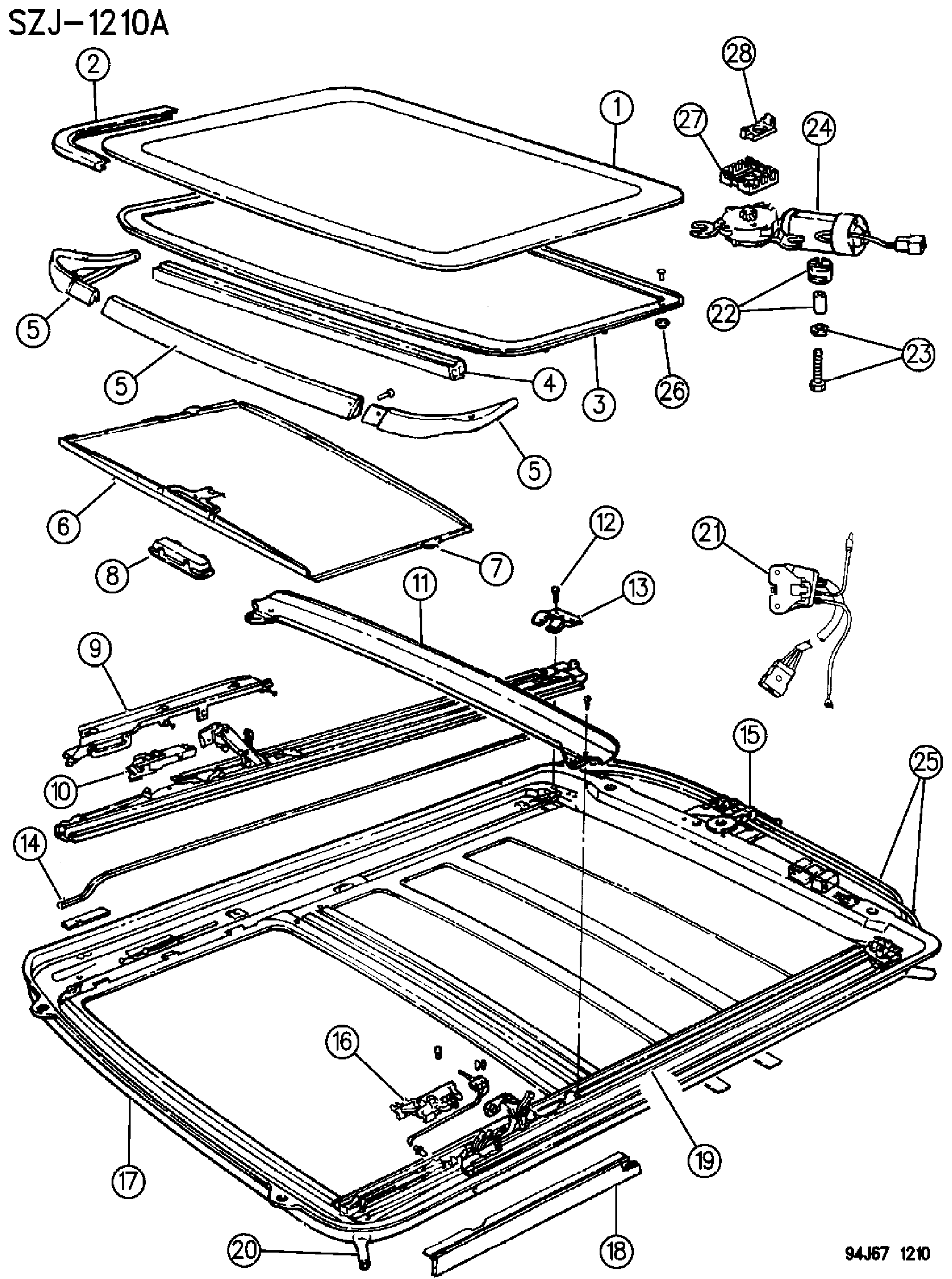 Exploded view: SUNROOF COMPONENT PARTS GRAND CHEROKEE, ZJ