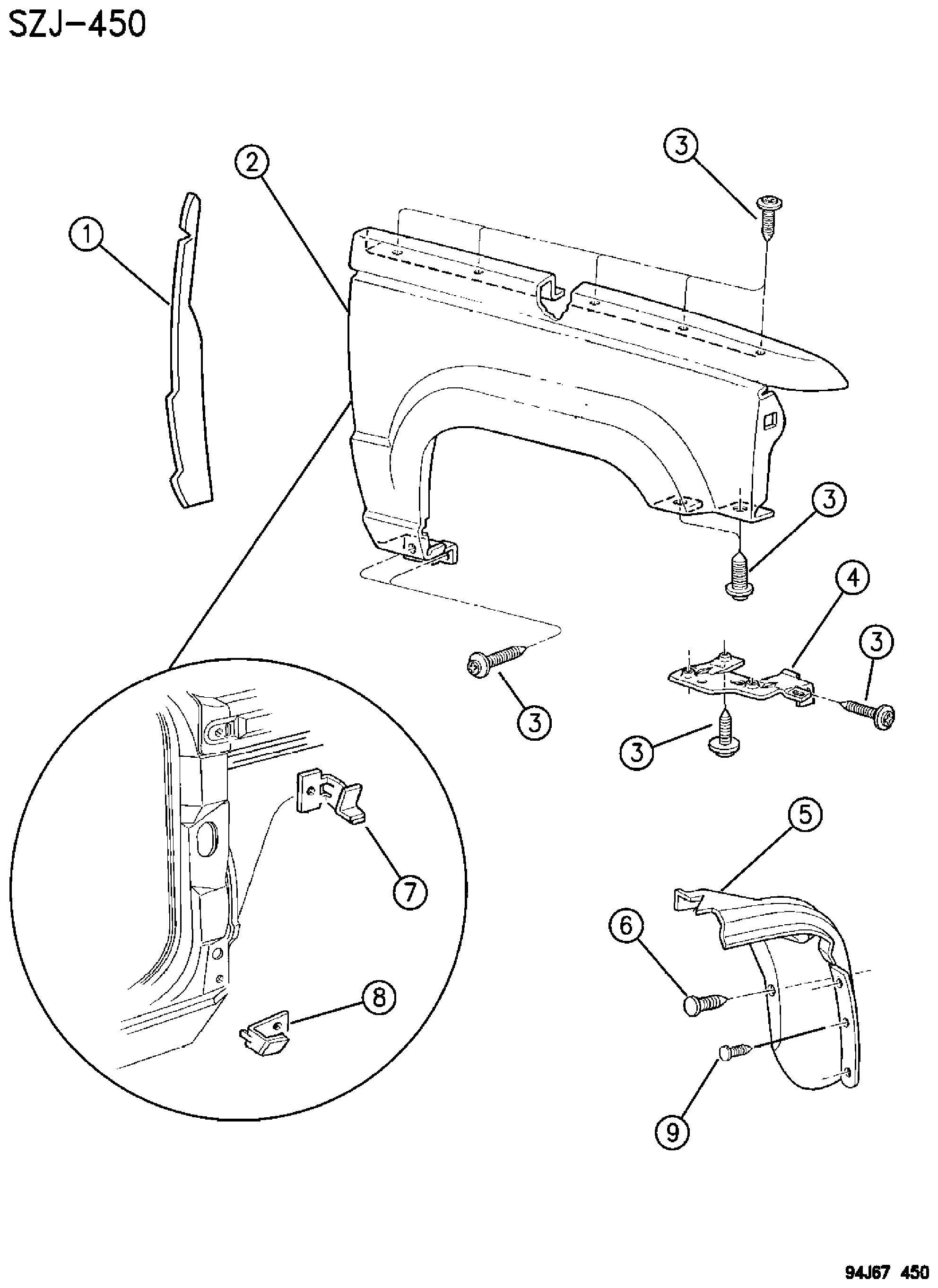 Exploded view: FENDERS, FRONT GRAND CHEROKEE, ZJ