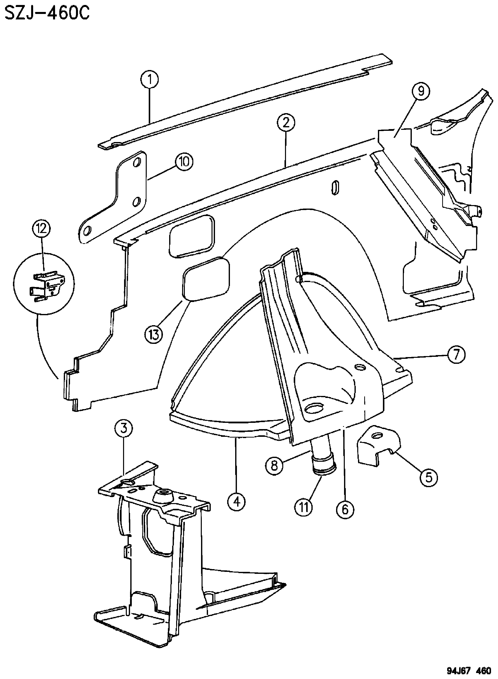 Exploded view: PANELS, FRONT END INNER AND WHEELHOUSE GRAND CHEROKEE, ZJ