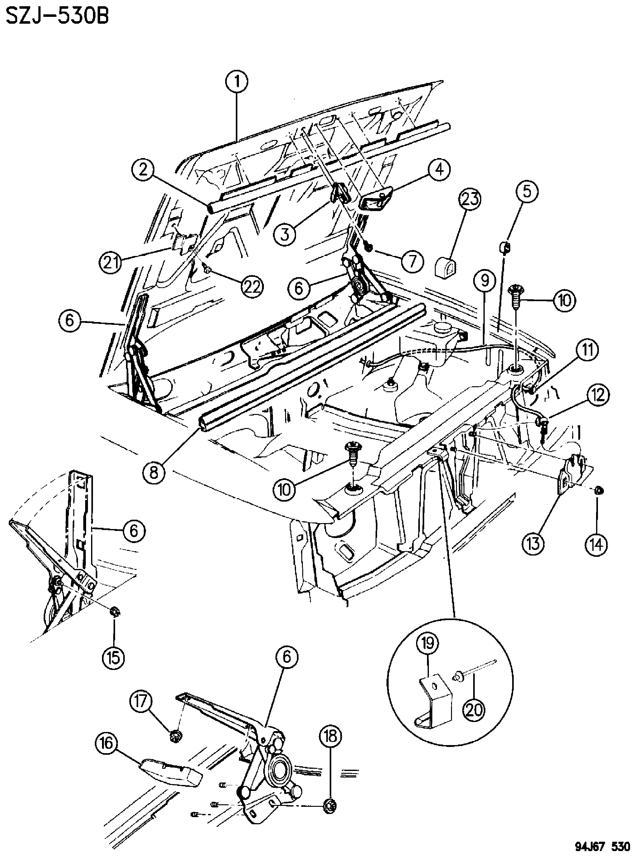 Exploded view: HOOD, LATCH AND HINGES GRAND CHEROKEE, ZJ