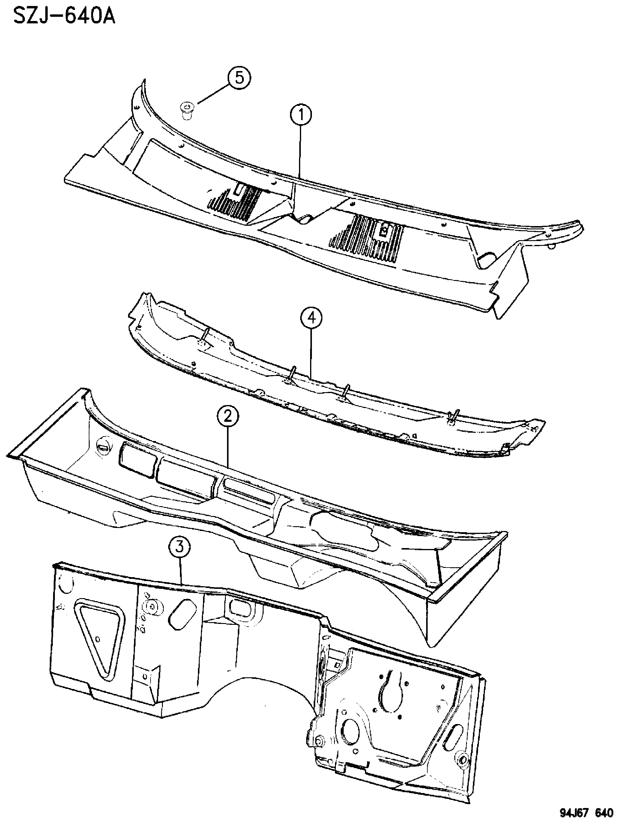 Exploded view: PANELS, COWL AND DASH GRAND CHEROKEE, ZJ