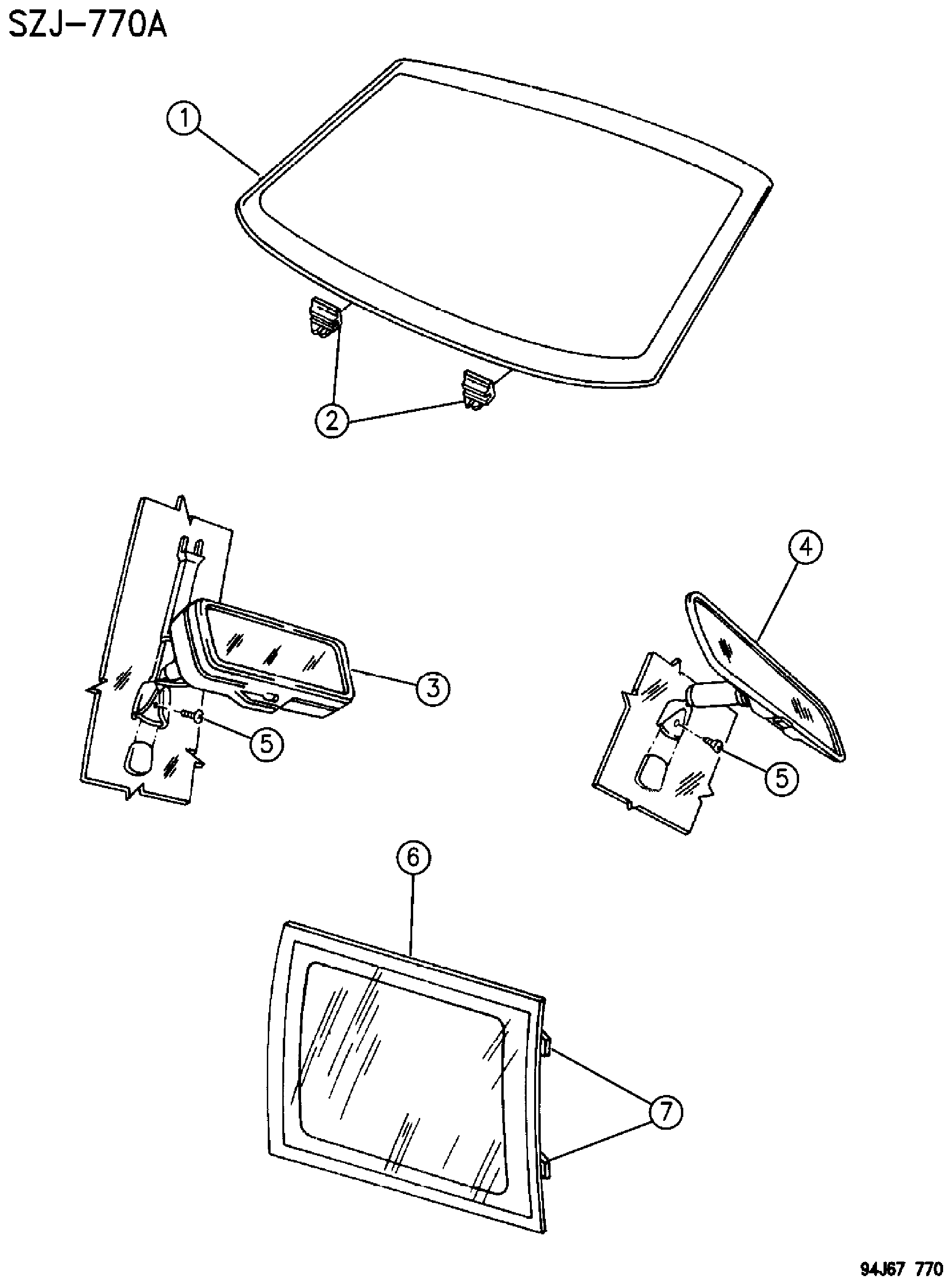 Exploded view: GLASS, WINDSHIELD, QUARTER AND REAR VIEW MIRROR GRAND CHEROKEE, ZJ