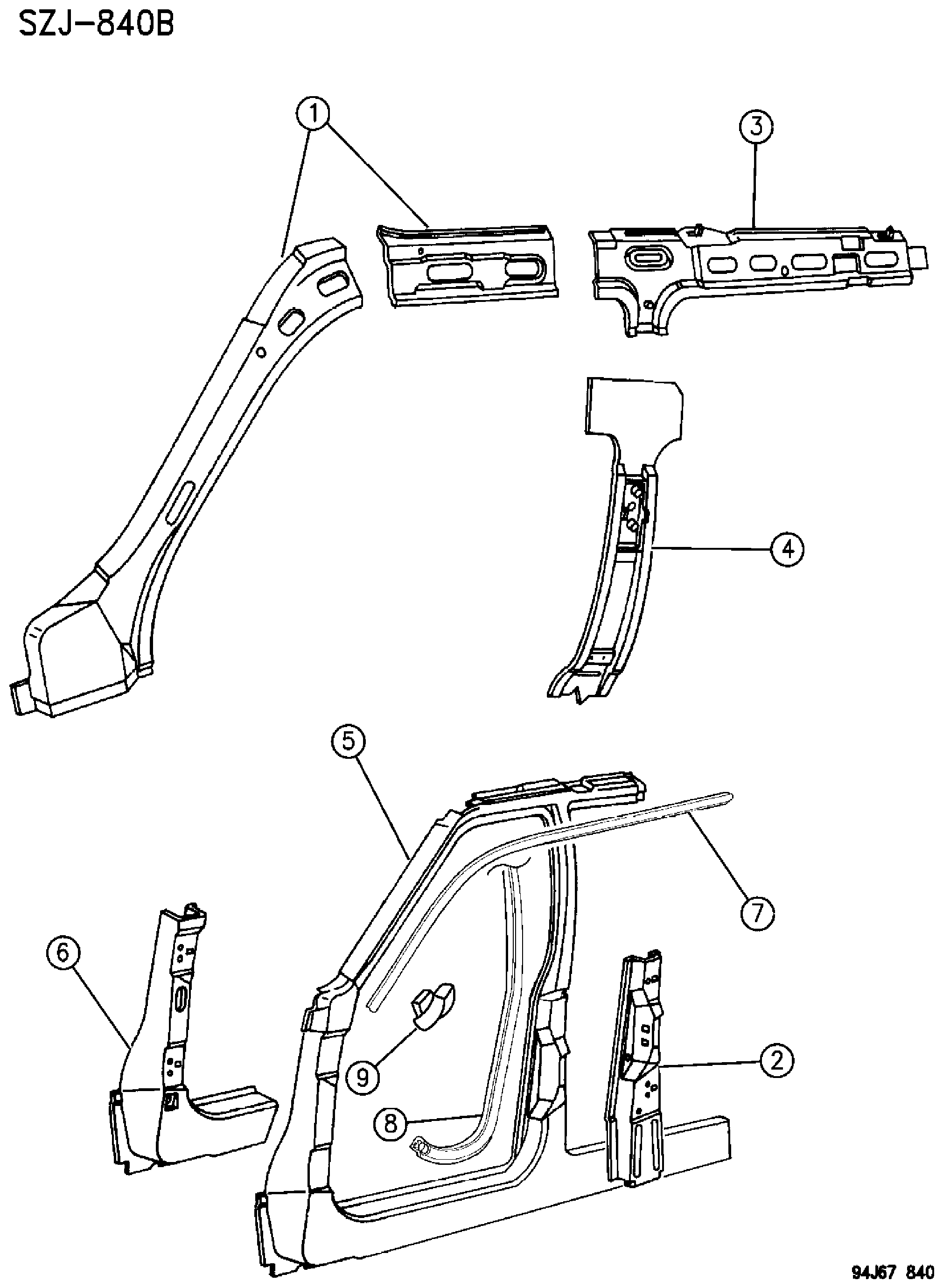 Exploded view: PANELS, BODY SIDE GRAND CHEROKEE, ZJ