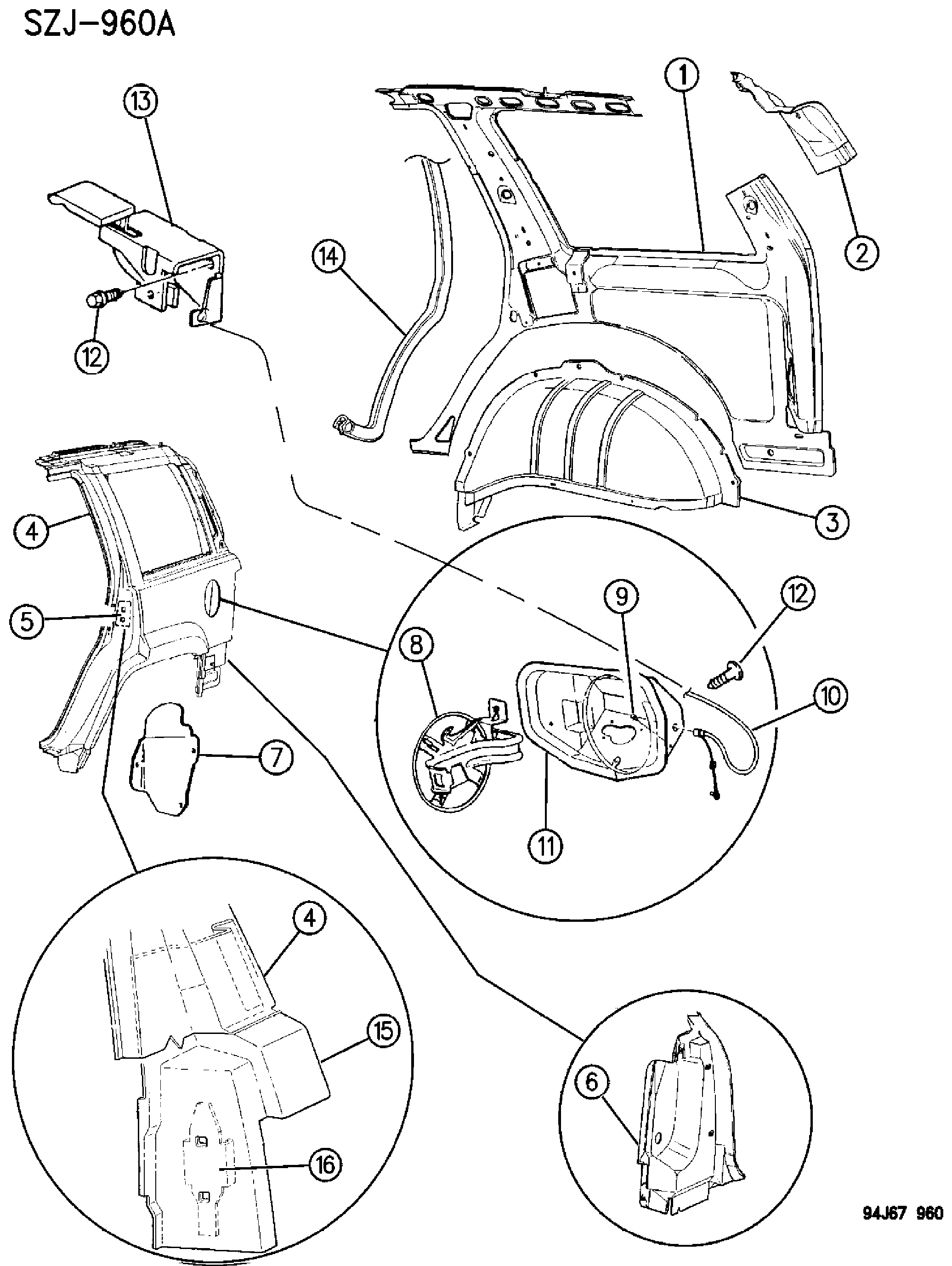 Exploded view: PANELS, REAR QUARTER GRAND CHEROKEE, ZJ