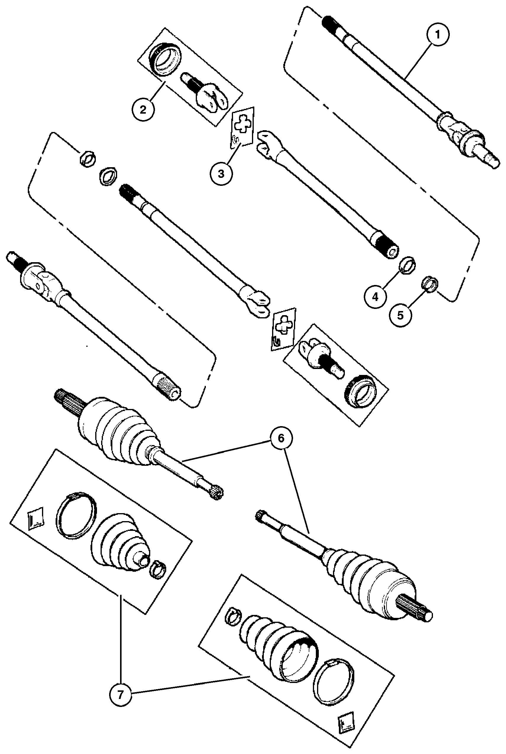 Exploded view: Shafts,Front Axle