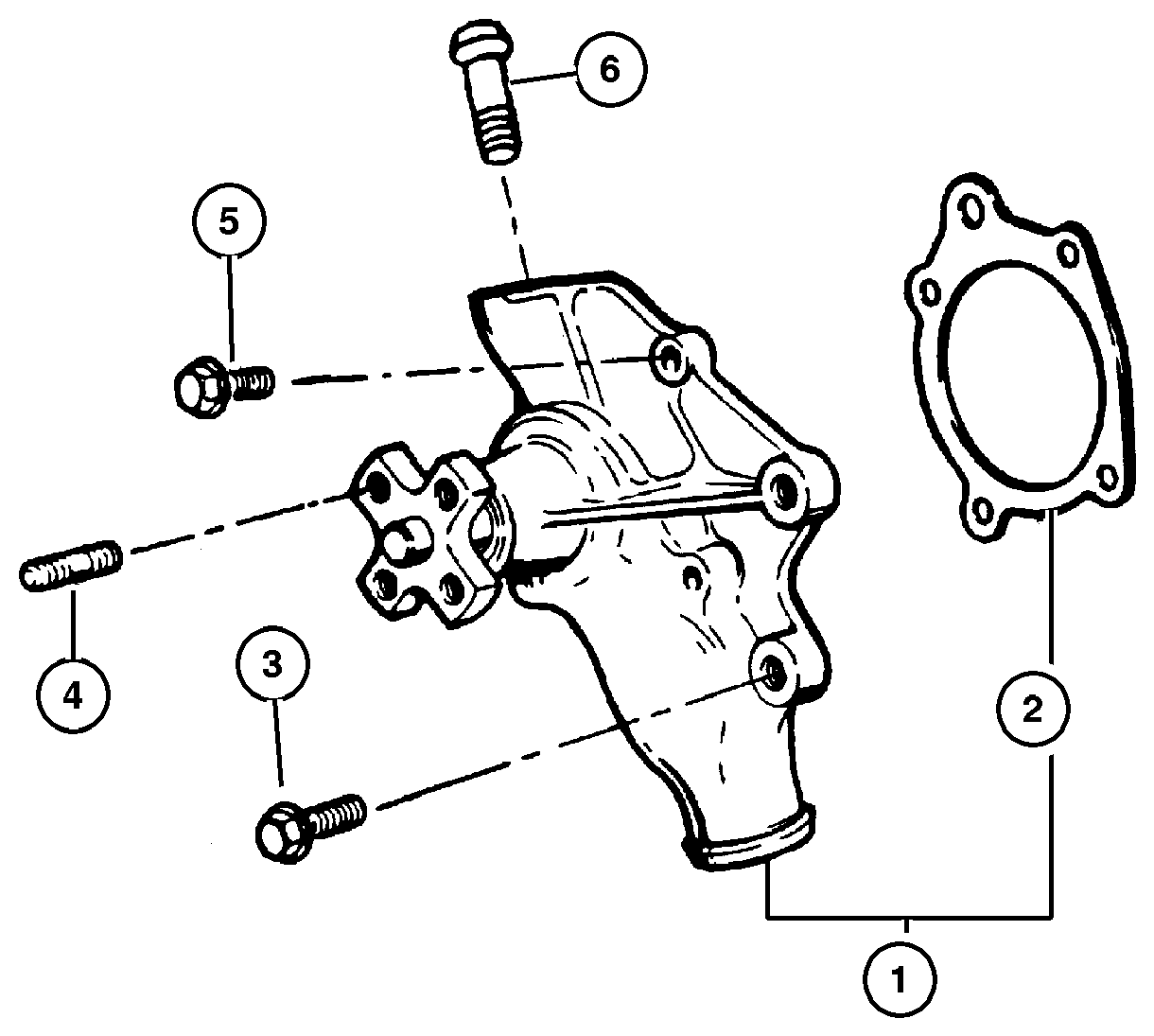 Exploded view: Water Pump And Related Parts 4,0L Engine