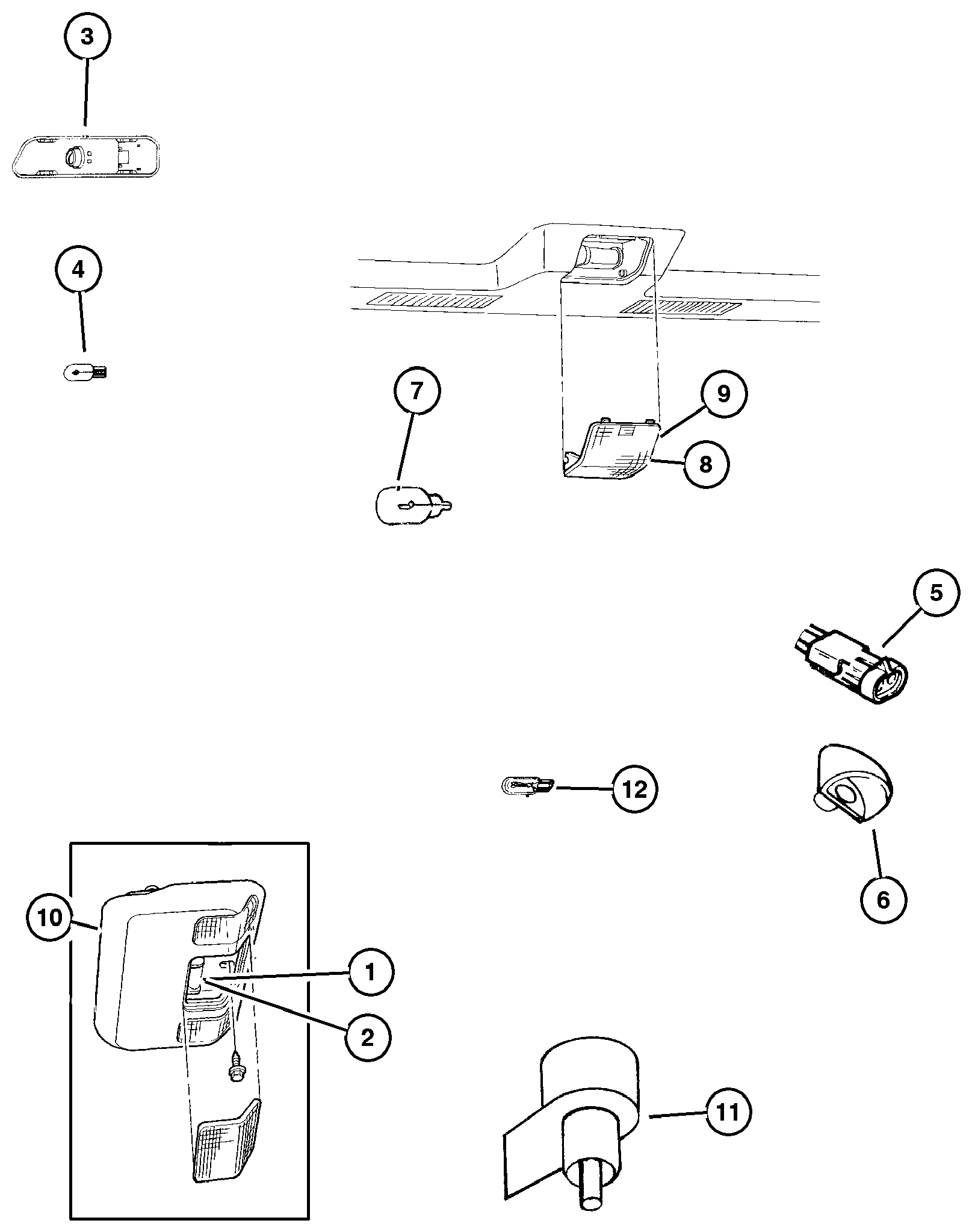 Exploded view: Lamps--Cargo-Dome-Courtesy-Underhood