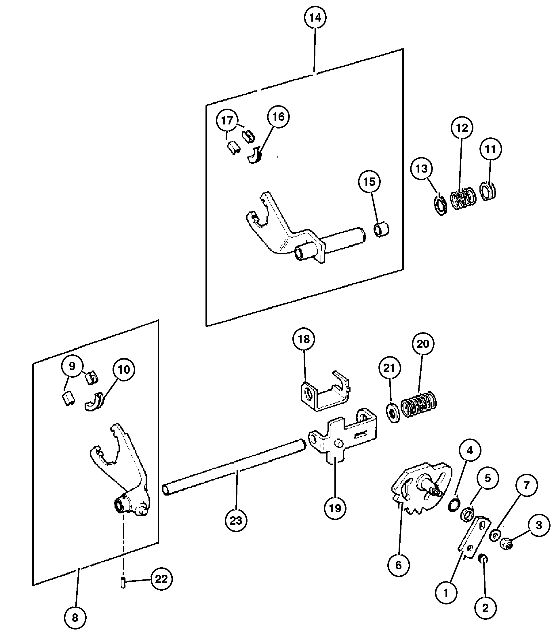 Exploded view: Forks, Rails - Shifting Select Trac [DHP]