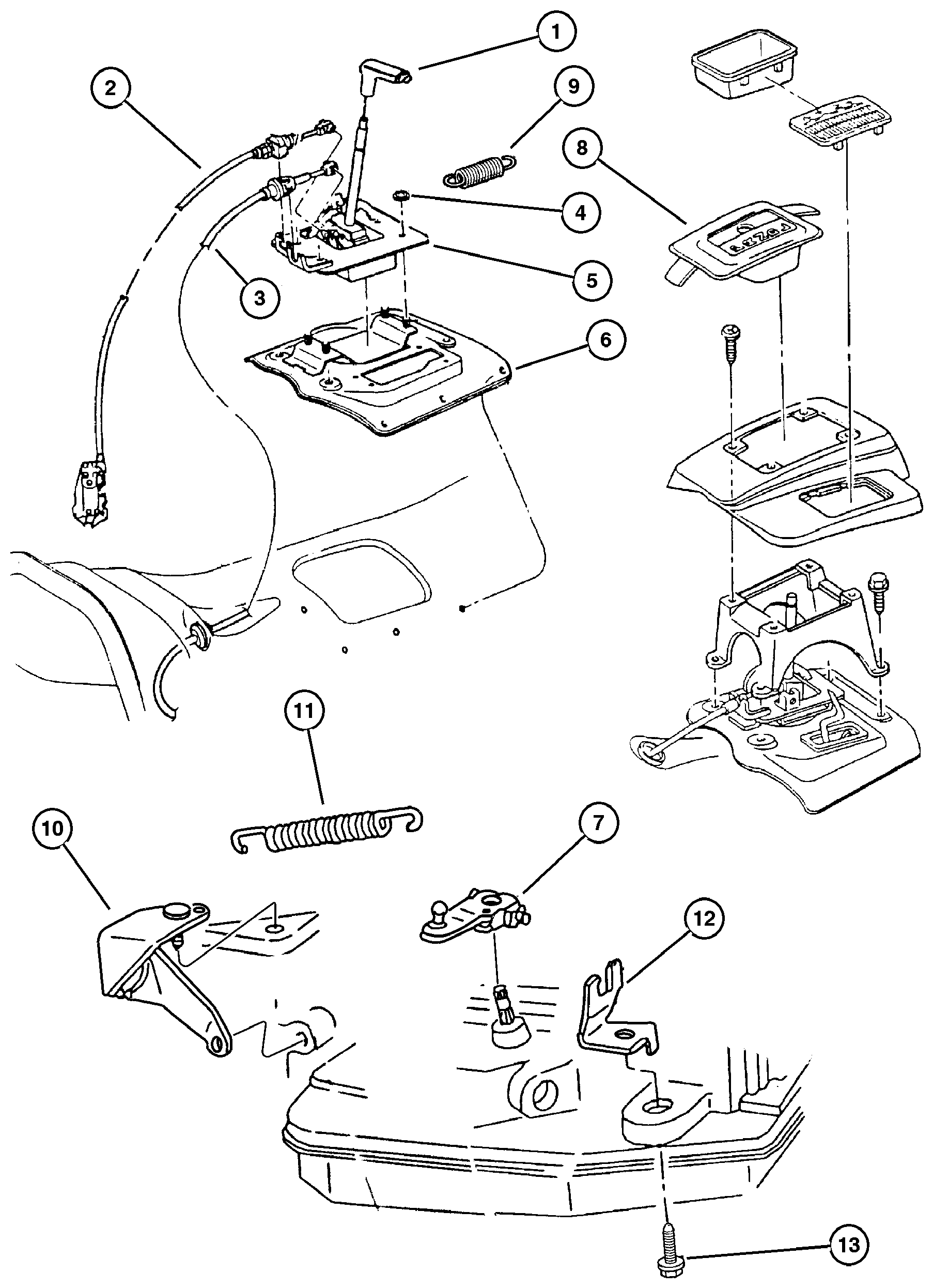 Exploded view: Controls, Gearshift, Floor Mounted Automatic Transmission, 4 Speed, 42Re