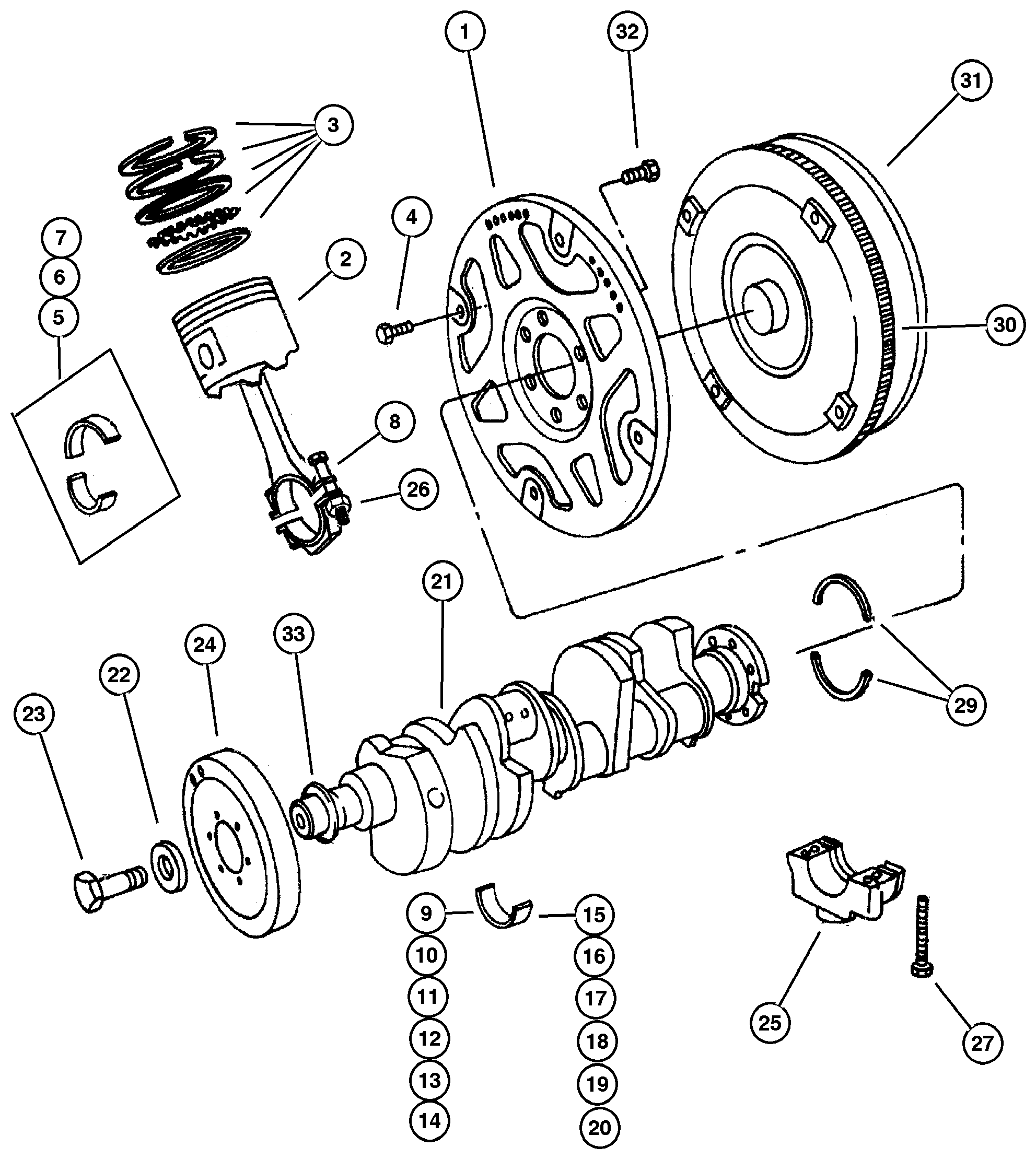 Exploded view: Crankshaft, Piston and Torque Converter 5.2L (ELF) Engine