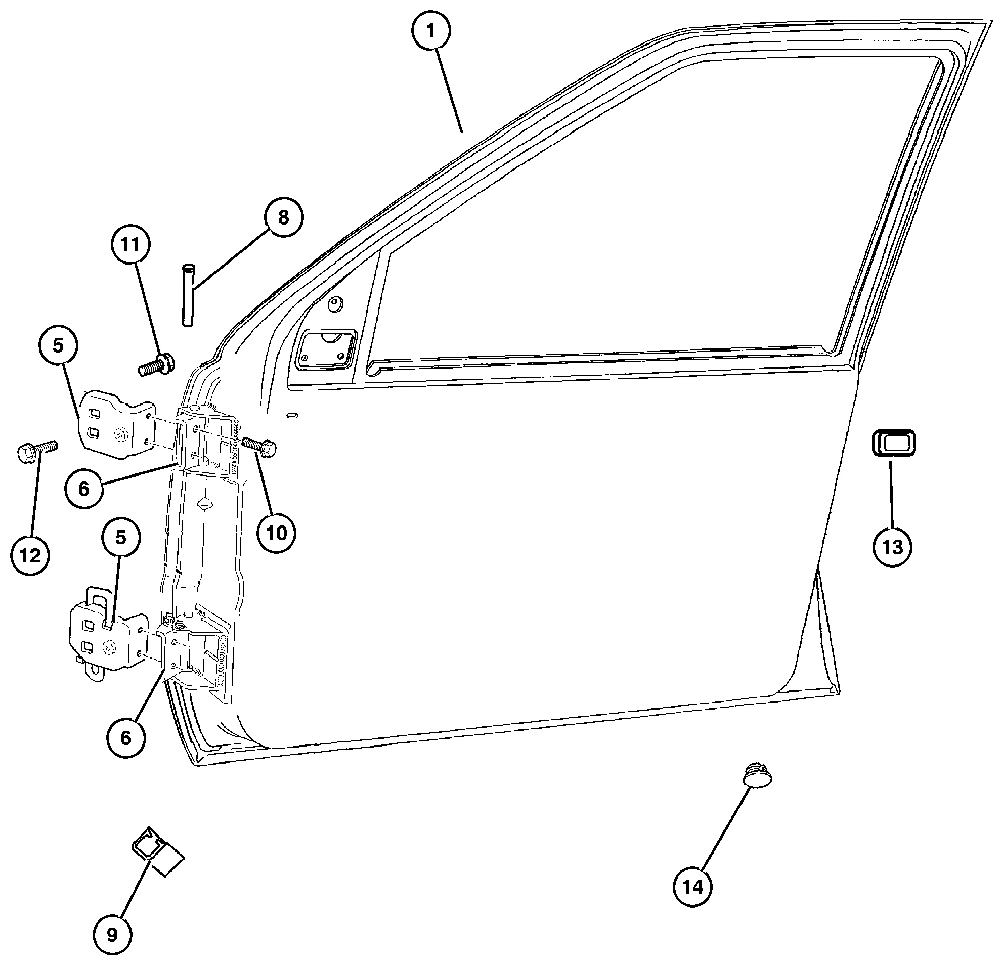 Exploded view: Door, Front Shell And Hinges