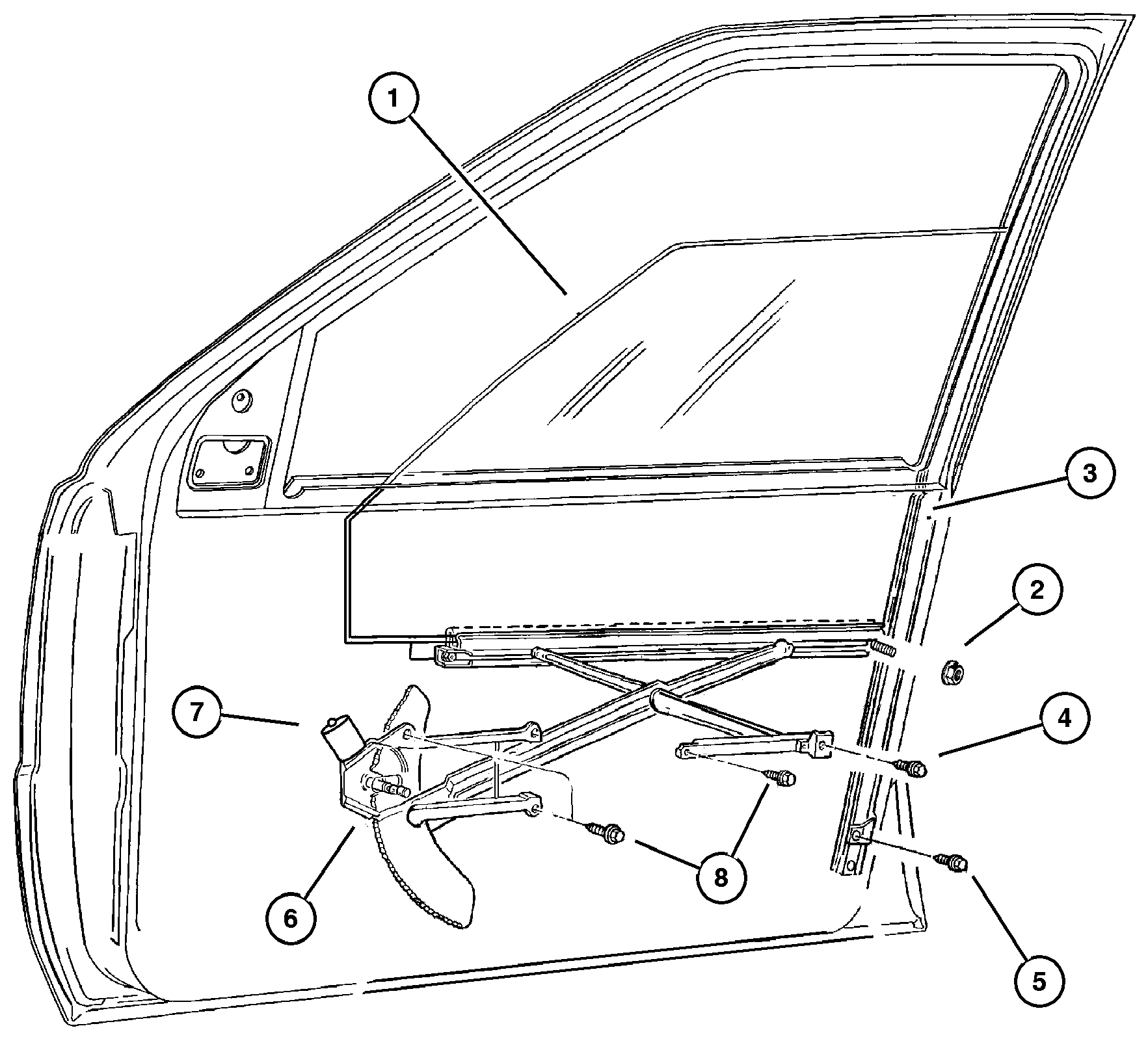Exploded view: Door, Front Glass And Regulators