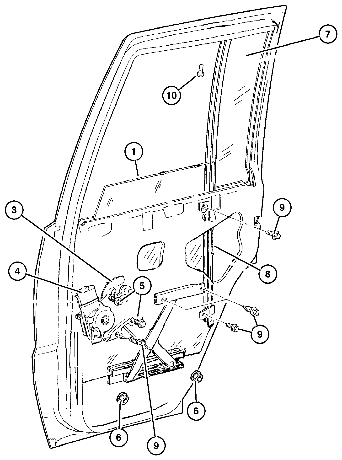 Exploded view: Door, Rear Glass And Regulators