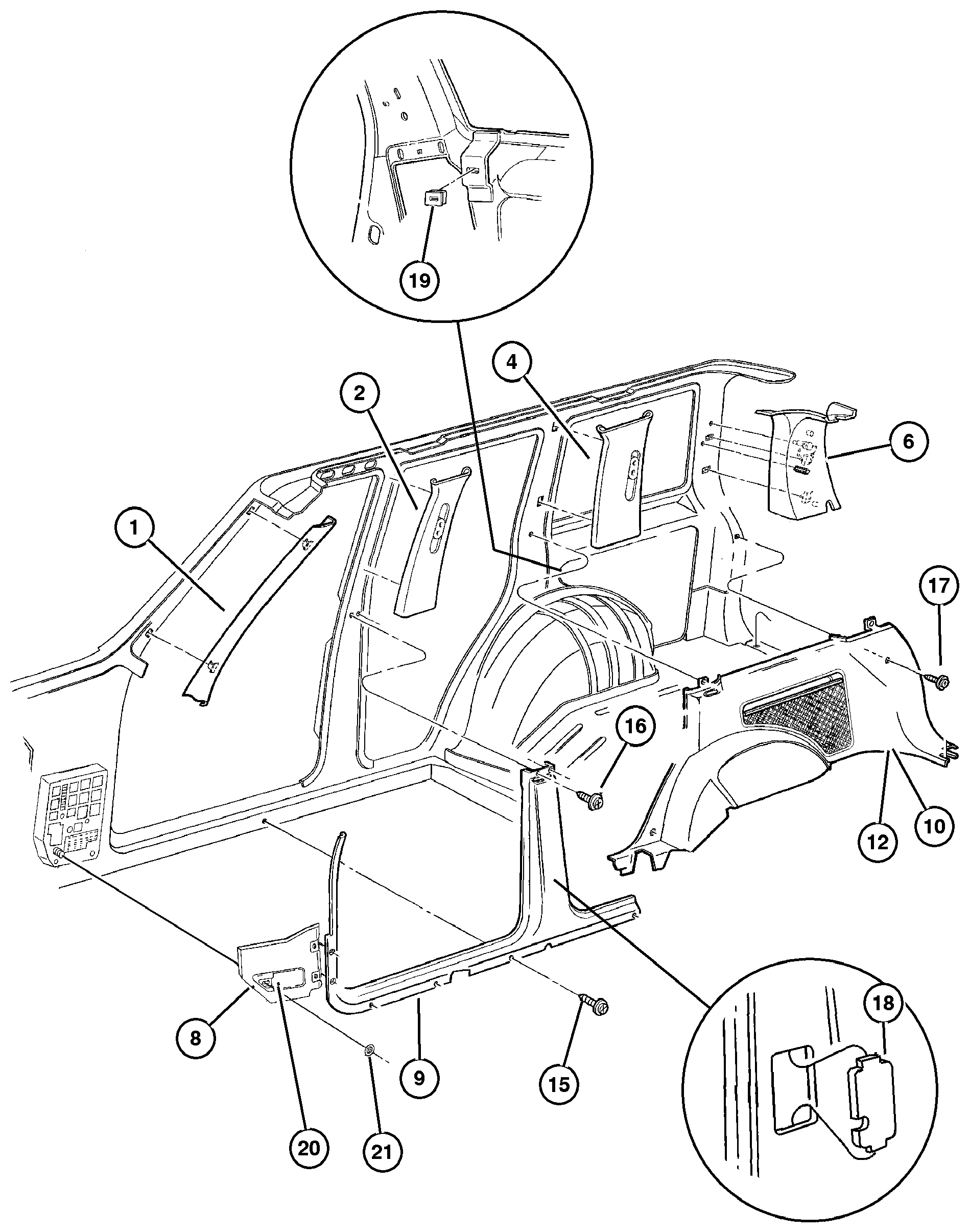 Exploded view: Interior Trim Panels And Garnish Mouldings