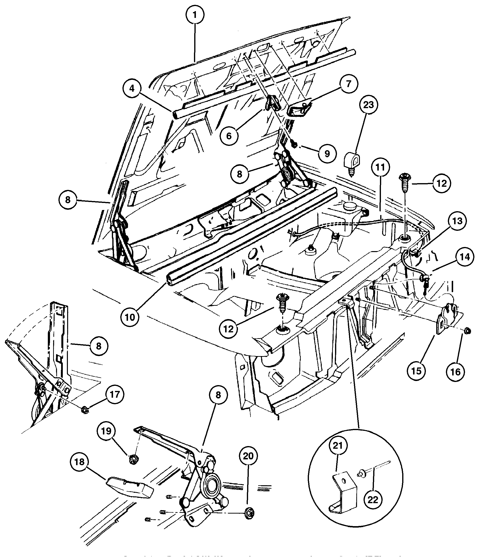 Exploded view: Hood, Latch And Hinges