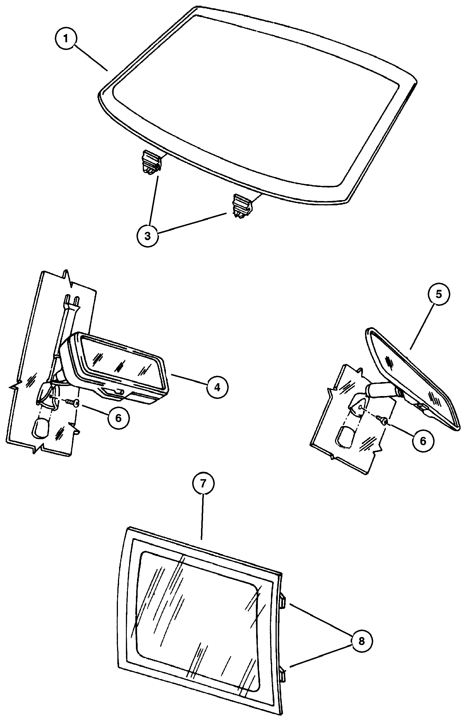 Exploded view: Glass, Windshield, Quarter And Rear View Mirror