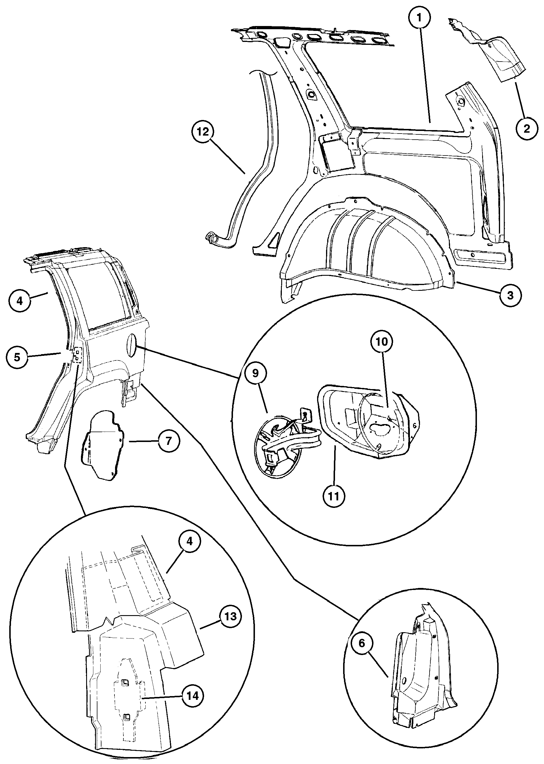 Exploded view: Panels, Rear Quarter
