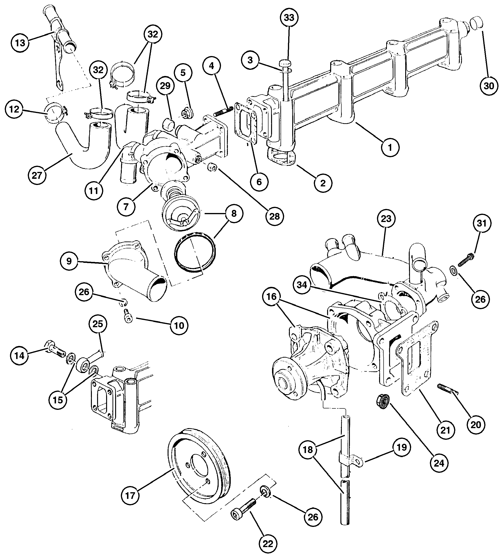 Exploded view: Water Pump and Water Manifold 2.5L Diesel Engine