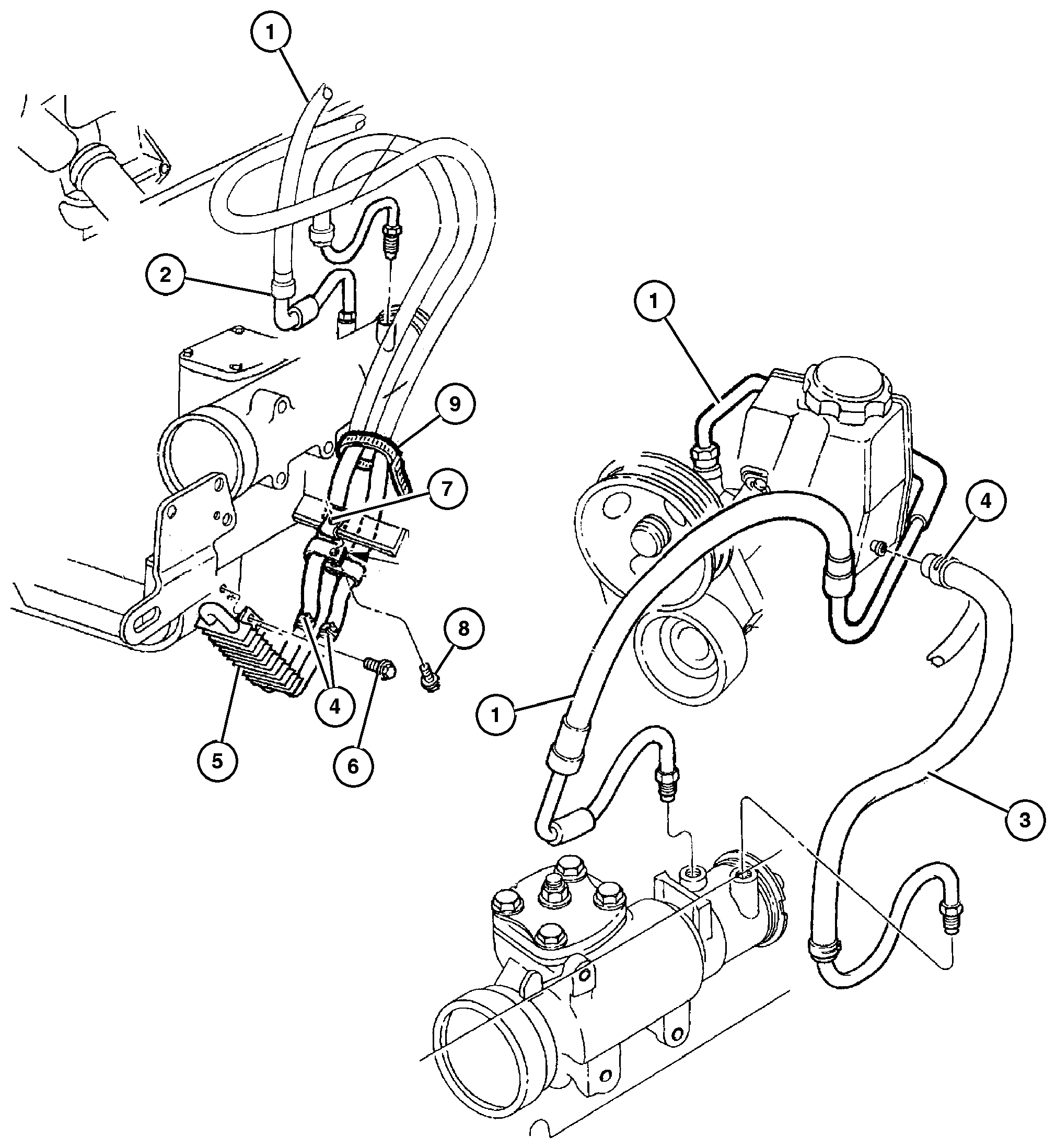 Exploded view: Hoses and Reservoir, w/4.0,5.2,5.9L Engine LHD