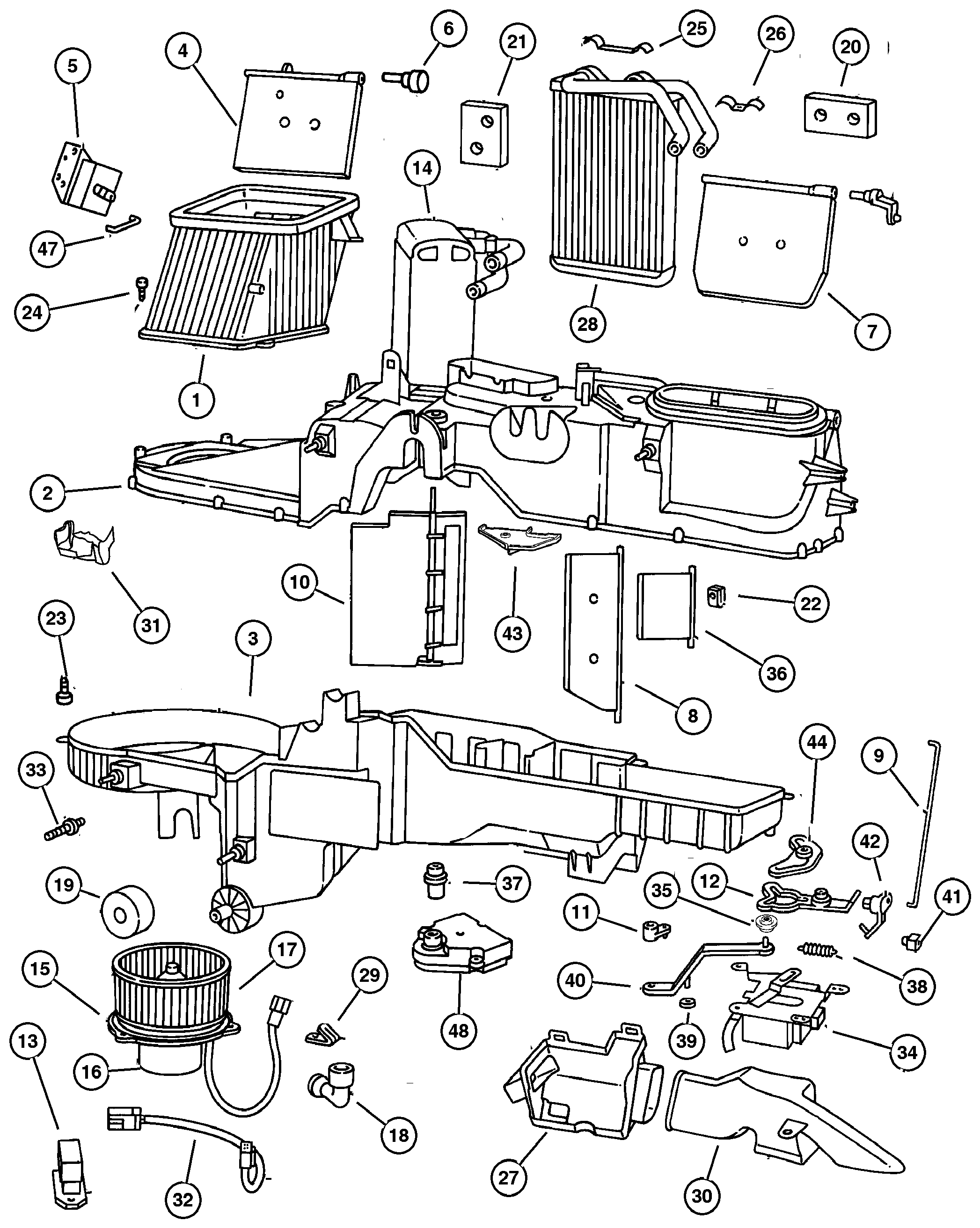 Exploded view: Air Conditioner and Heater Unit A.T.C.
