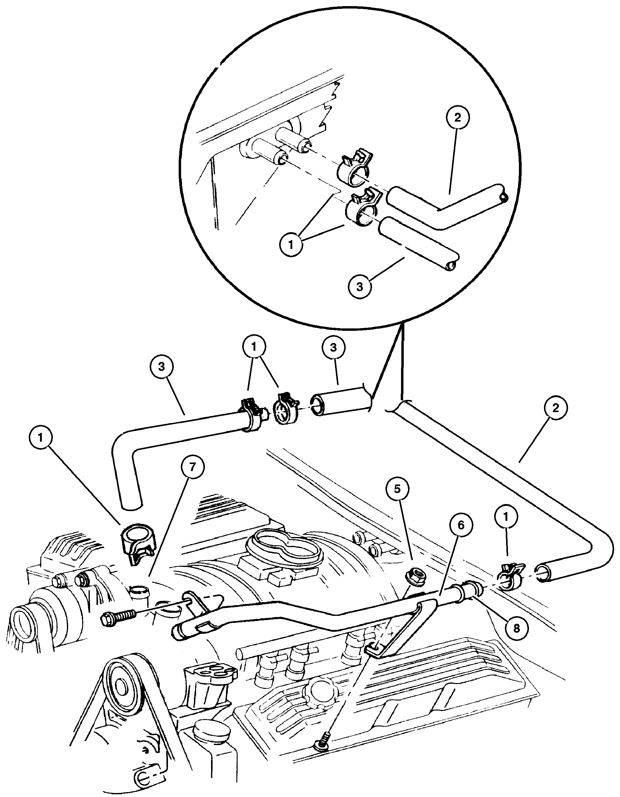 Exploded view: Hoses, Heater 5.2L and 5.9L Engine