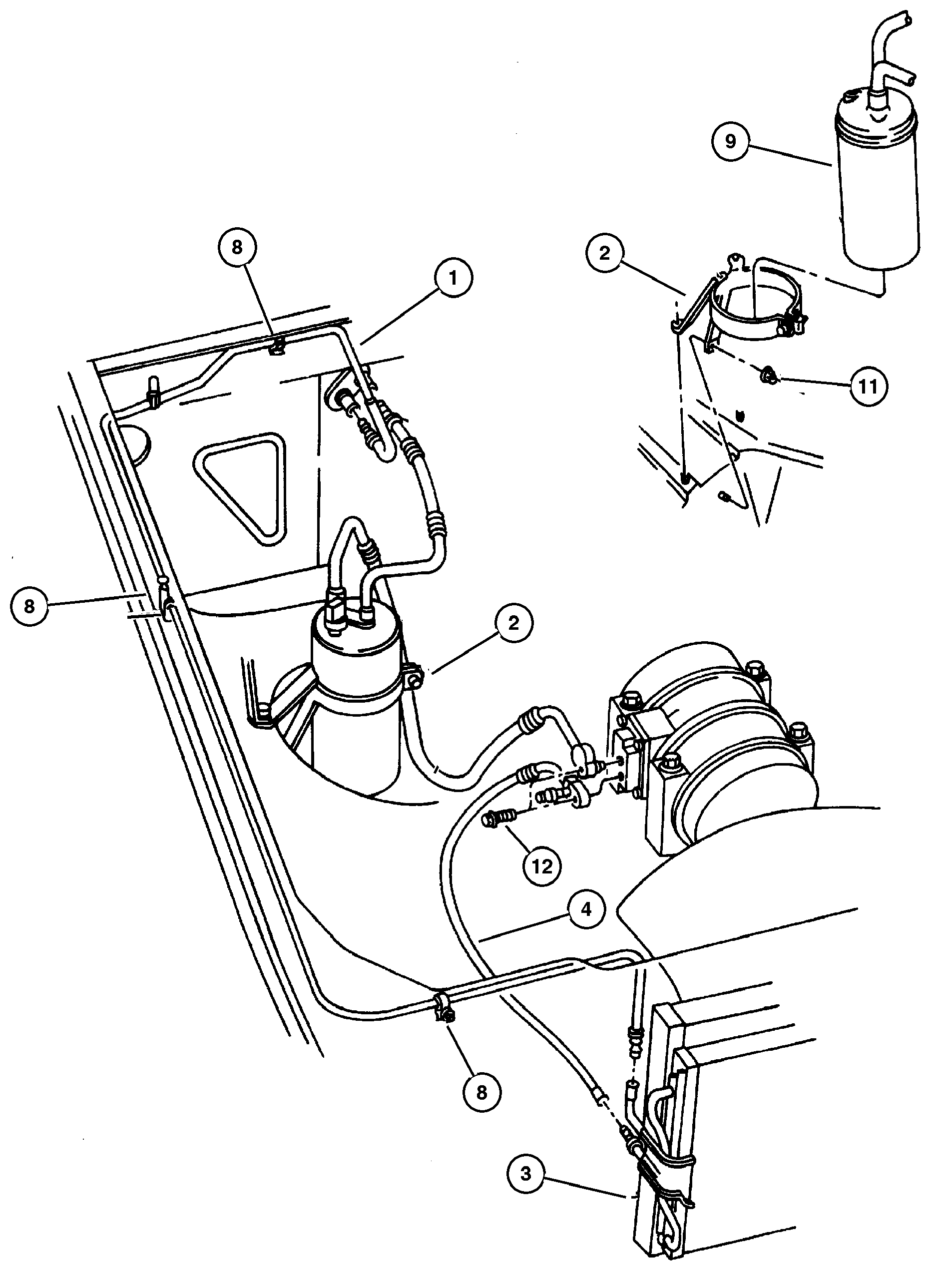 Exploded view: Accumulator, Condenser and Lines 4.0L Engine