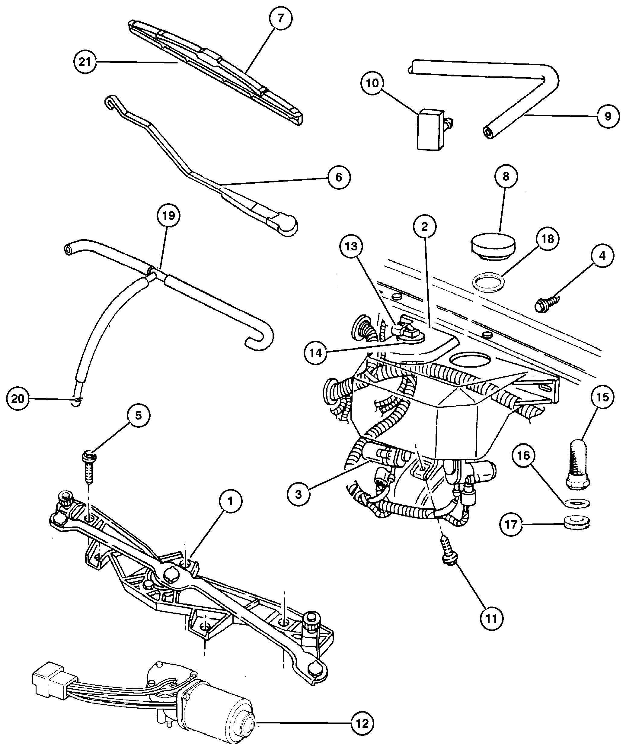 Exploded view: Windshield Wiper and Washer