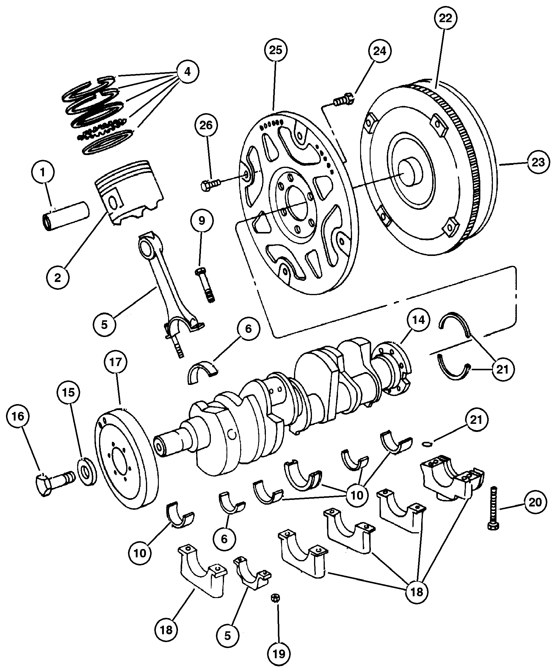 Exploded view: Crankshaft, Pistons & Torque Converter (EML)