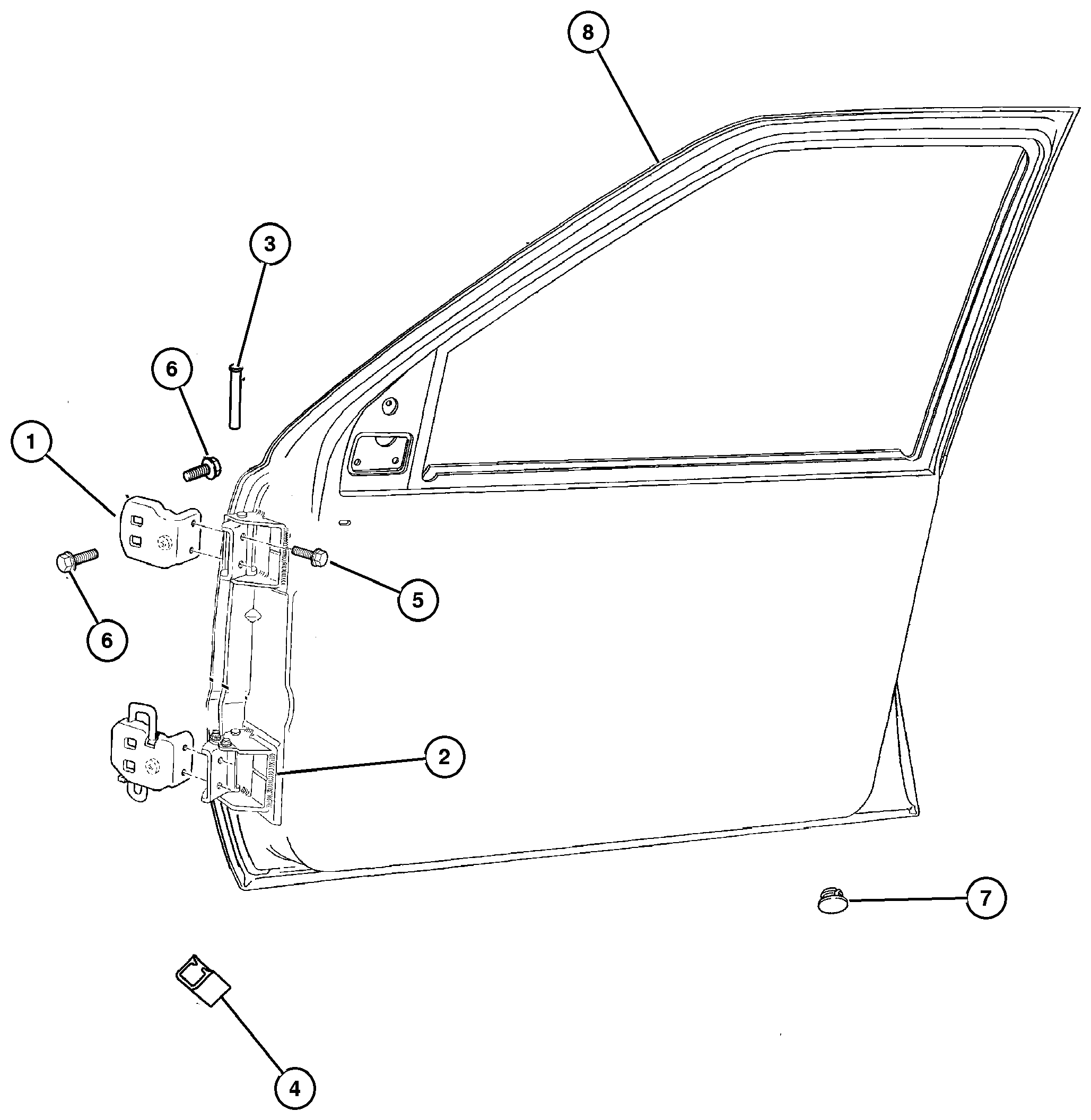 Exploded view: Door Front Shell and Hinges