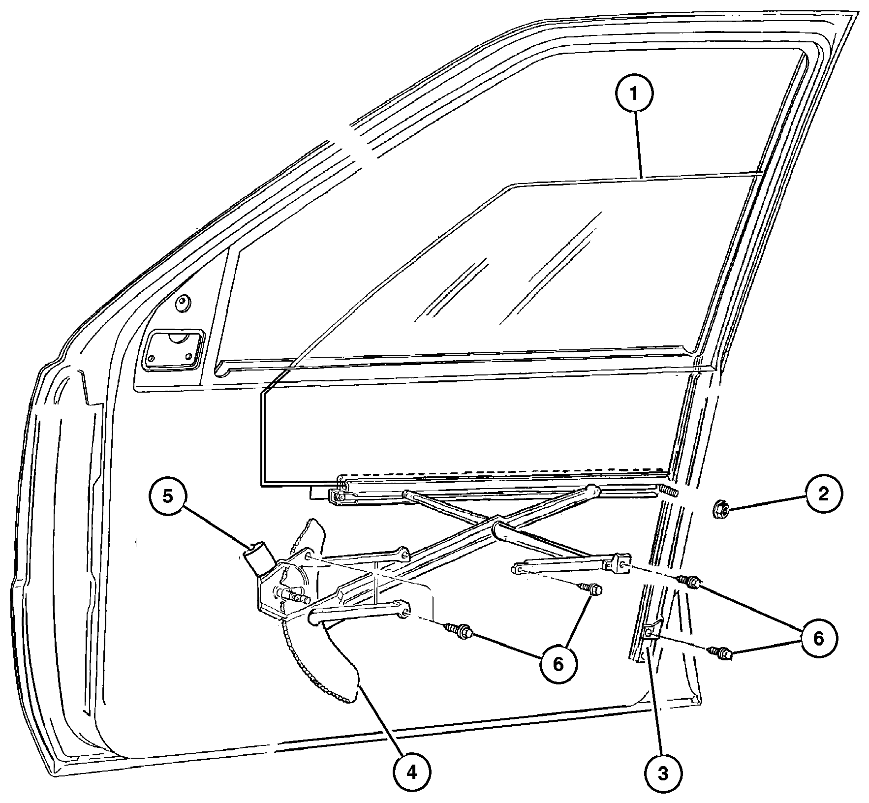 Exploded view: Door, Front Glass and Regulators