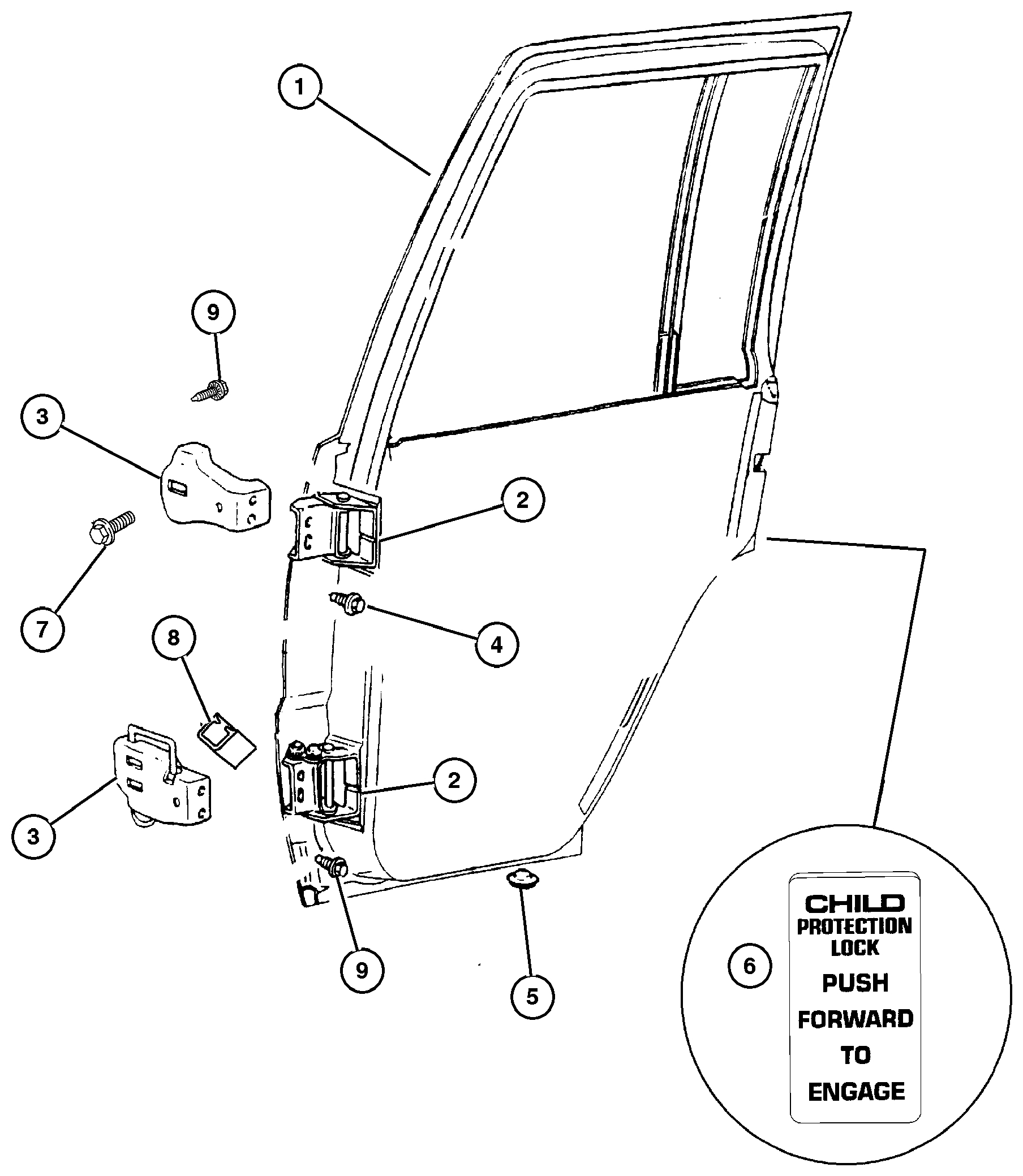 Exploded view: Door, Rear Shell and Hinges