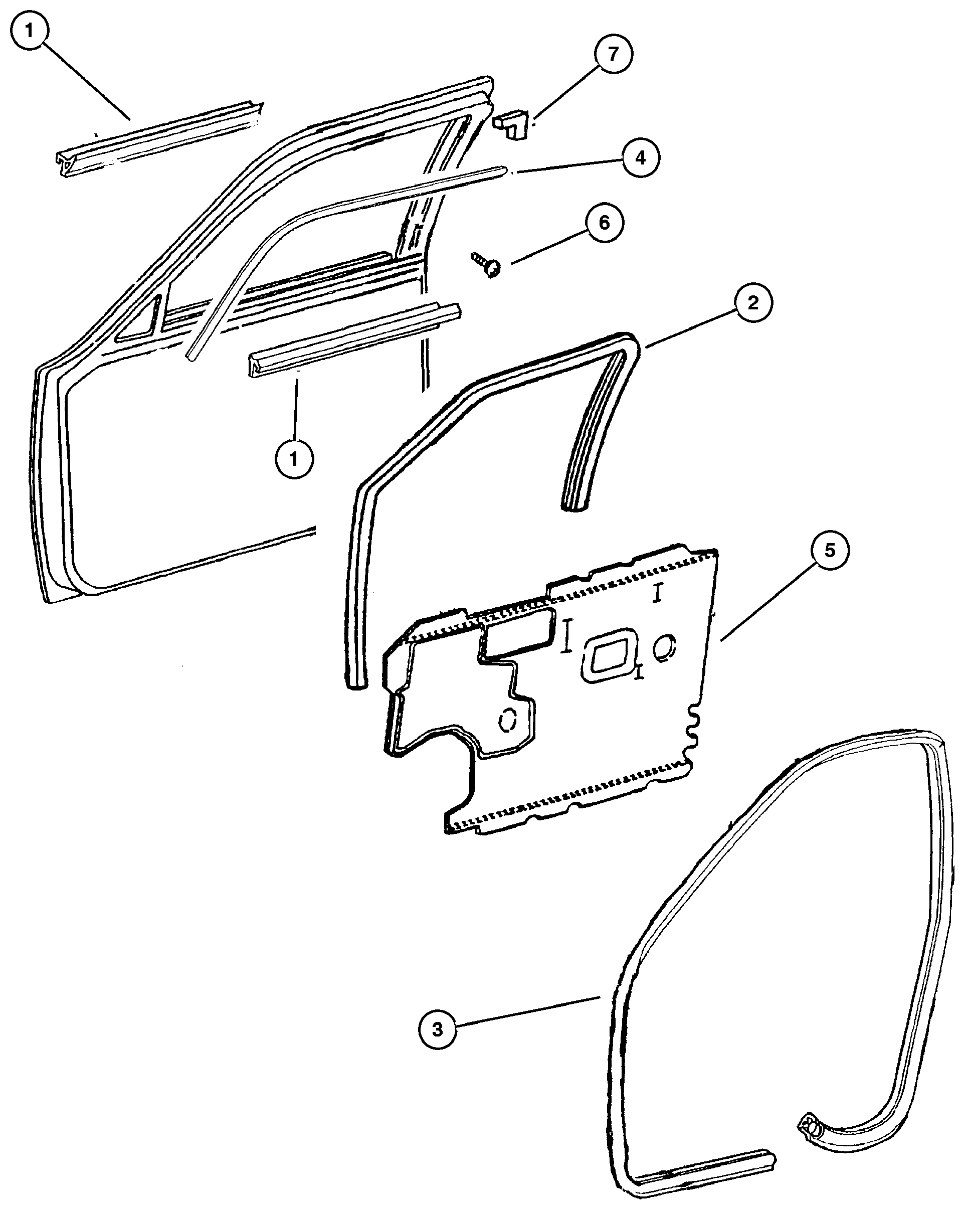 Exploded view: Door, Front Weatherstrips and Seals