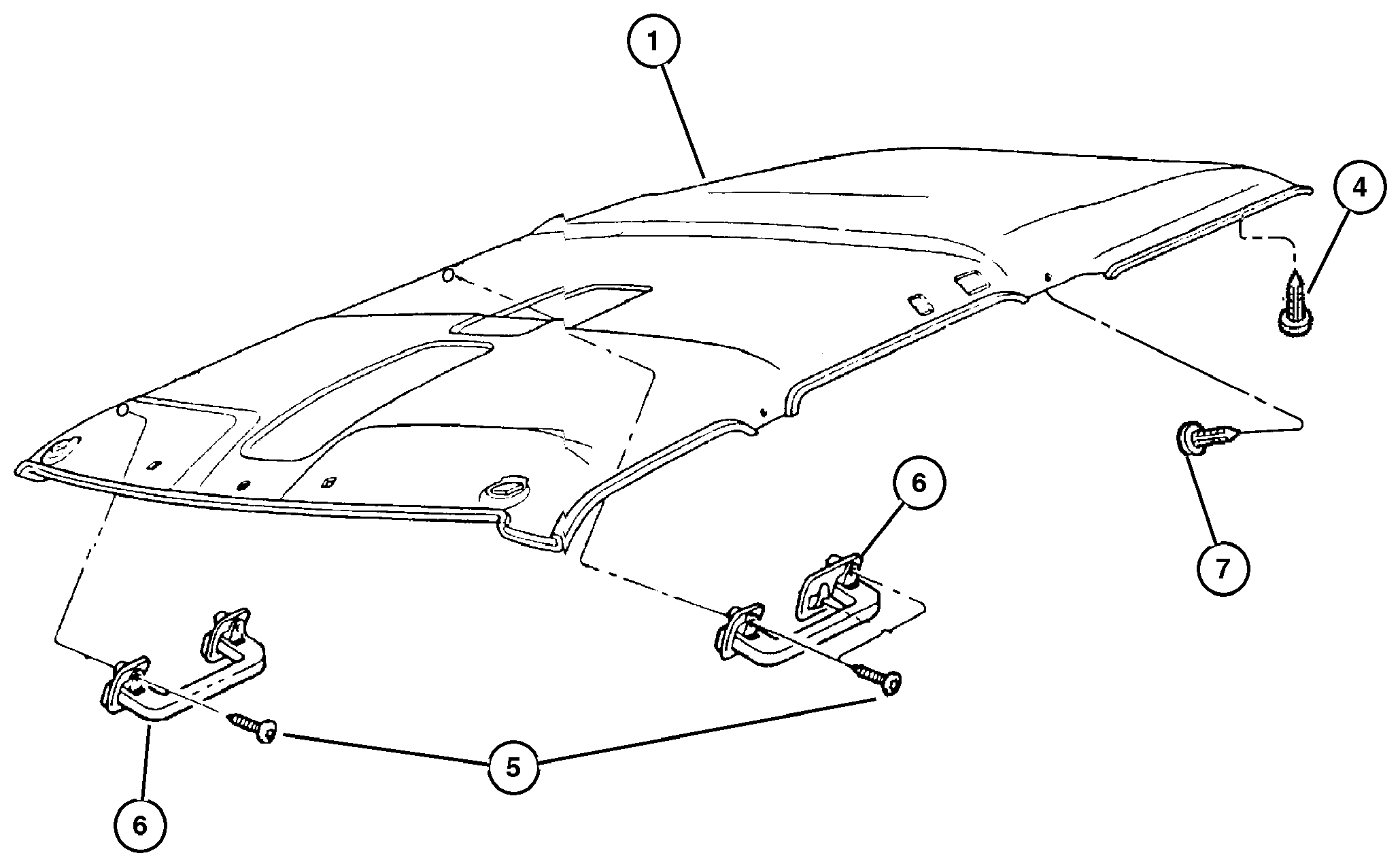 Exploded view: Headliner and Assist Handles