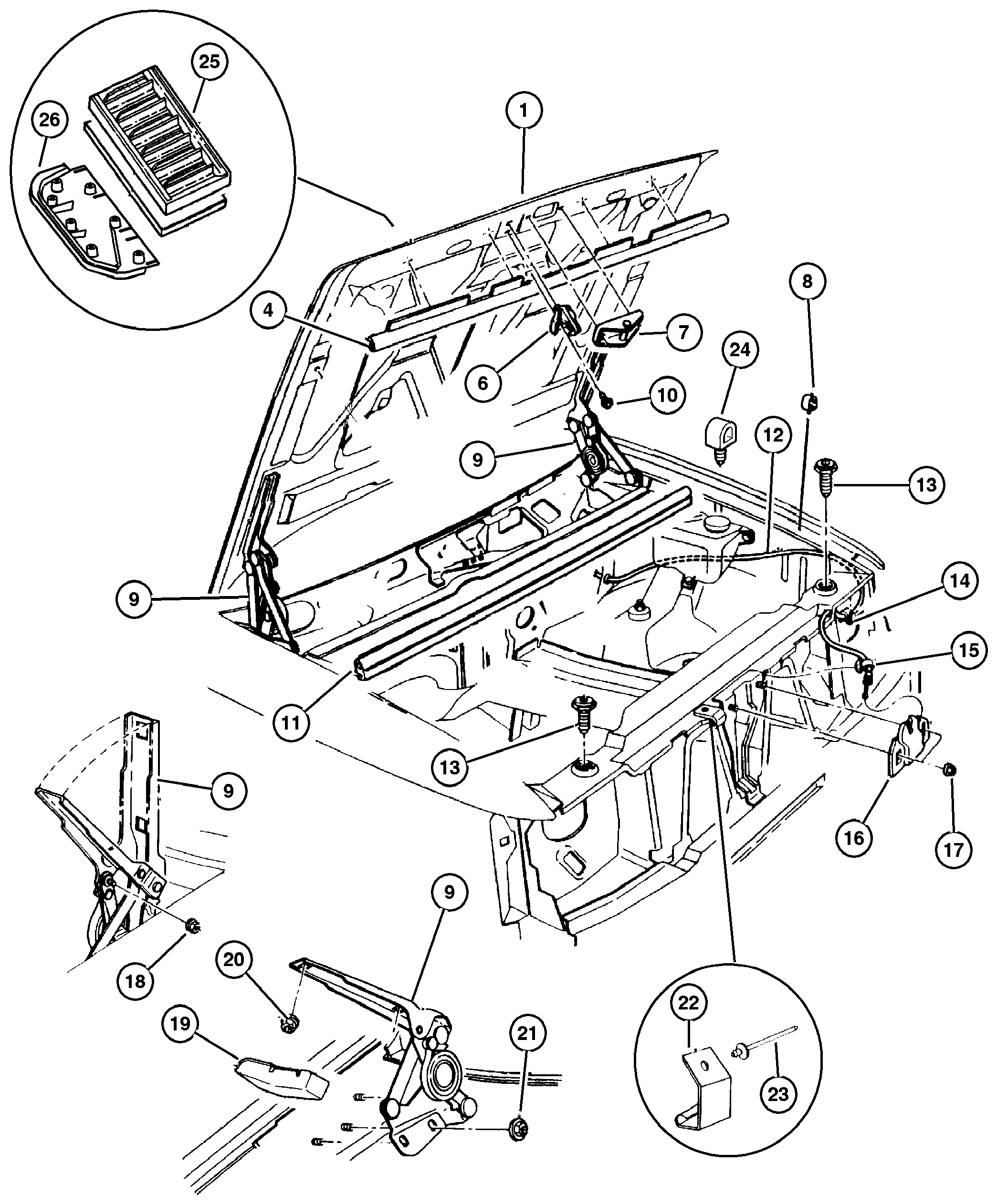 Exploded view: Hood, Latch and Hinges