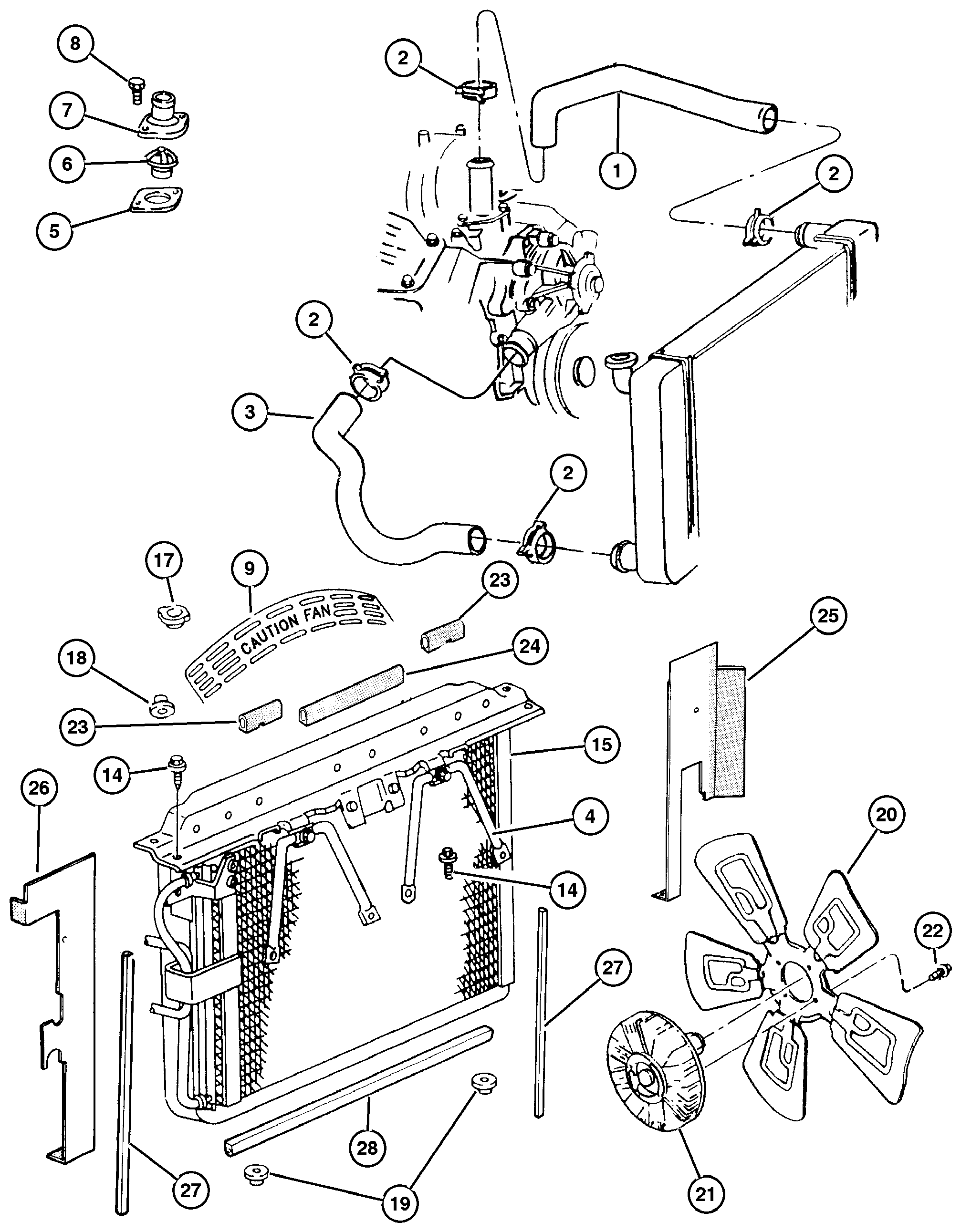 Exploded view: Radiator and Related Parts 5.2L and 5.9L Engine