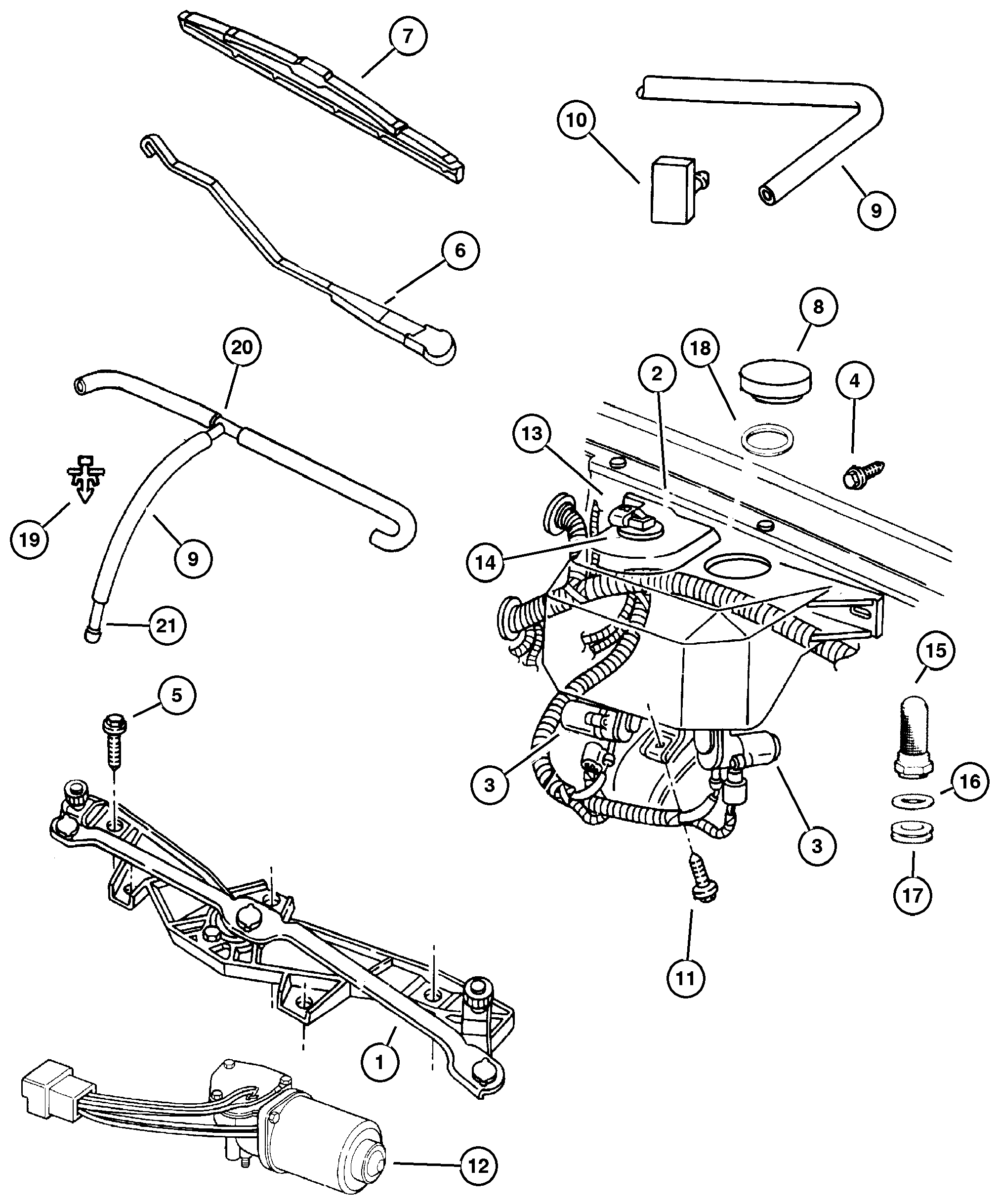 Exploded view: Windshield Wipers and Washers