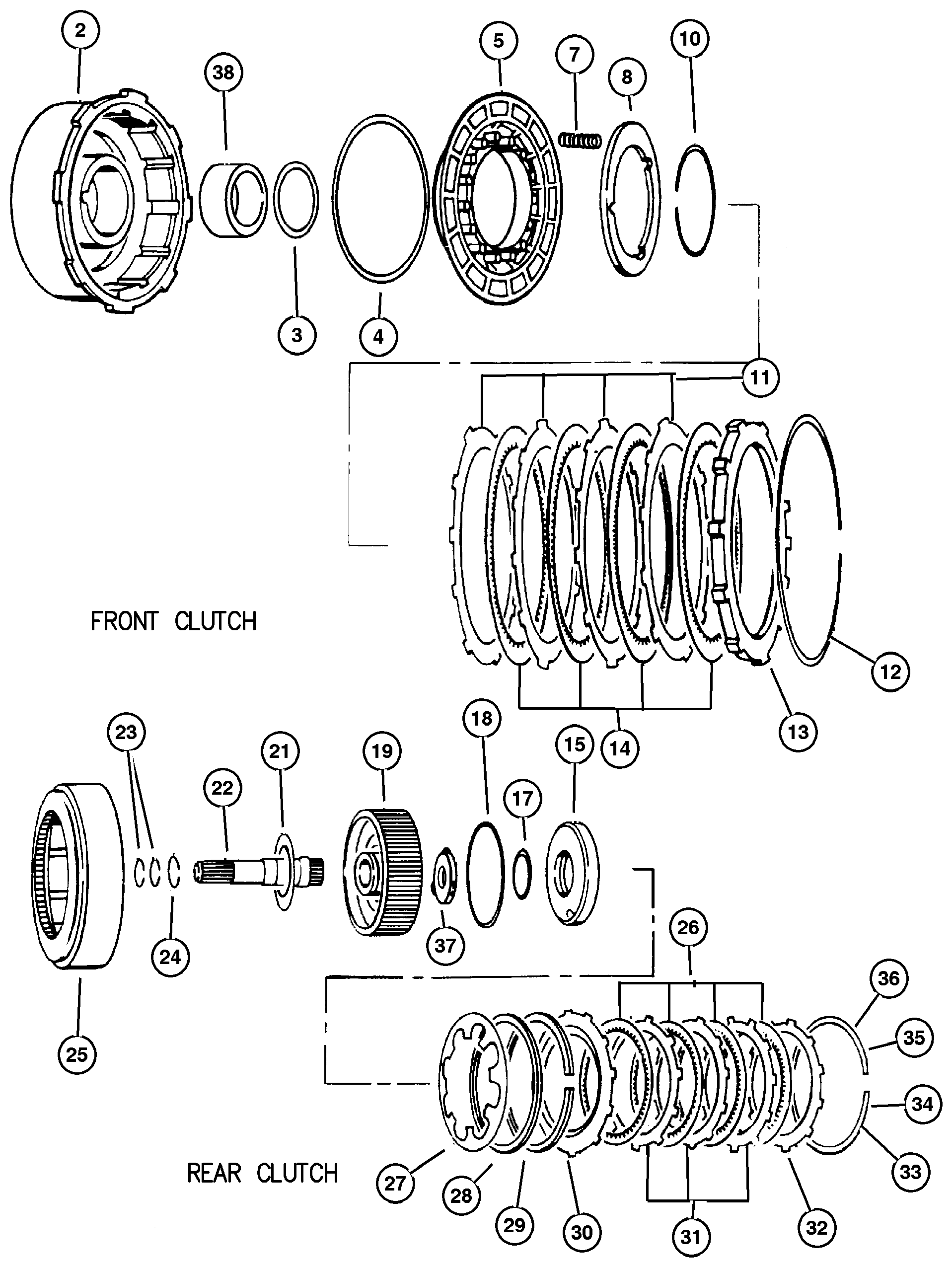 Exploded view: Clutch, Front and Rear with Gear Train 46RE DGT