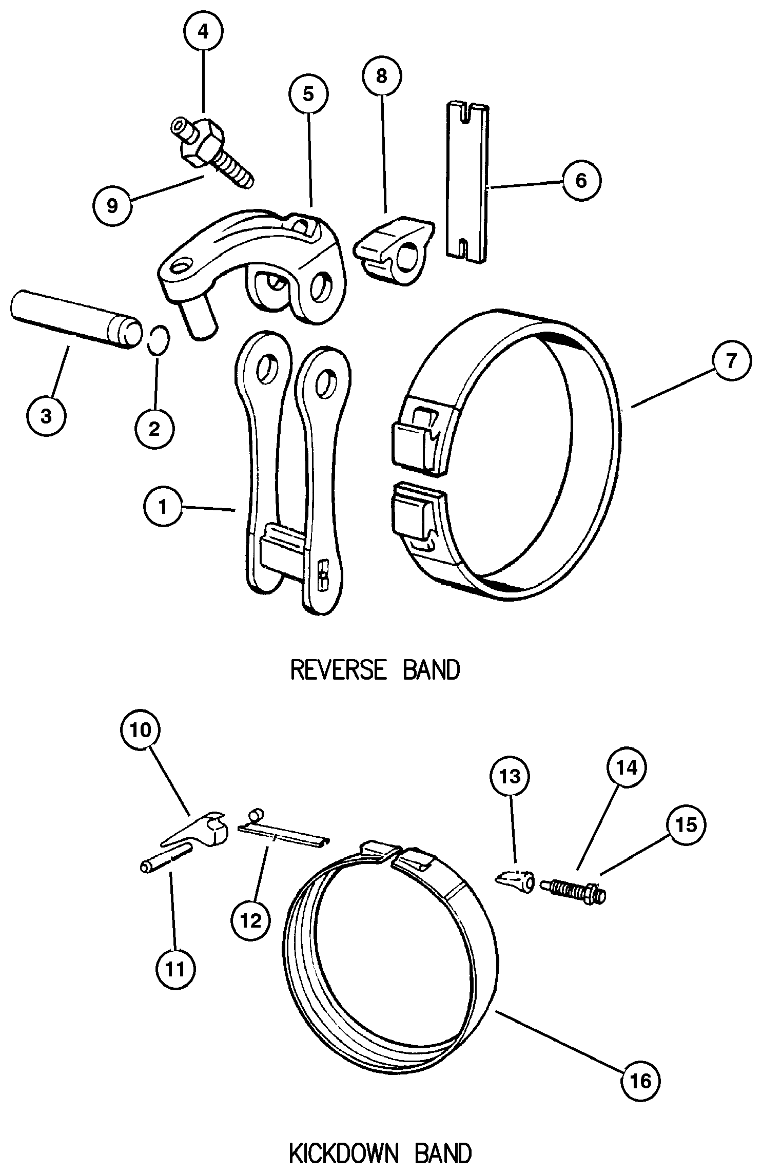 Exploded view: Bands, Reverse and Kickdown with Linkage 46RE DGT