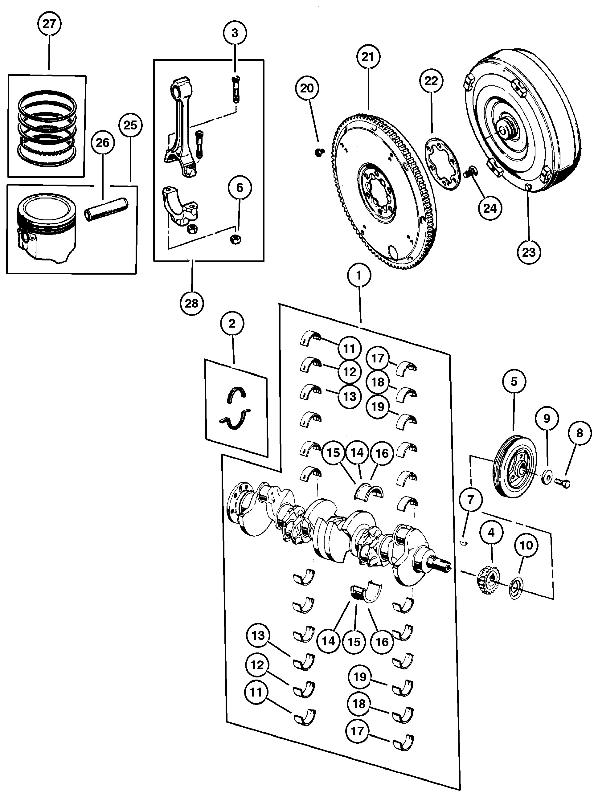 Exploded view: Crankshaft, Piston and Torque Converter 4.0L (ERH) Engine