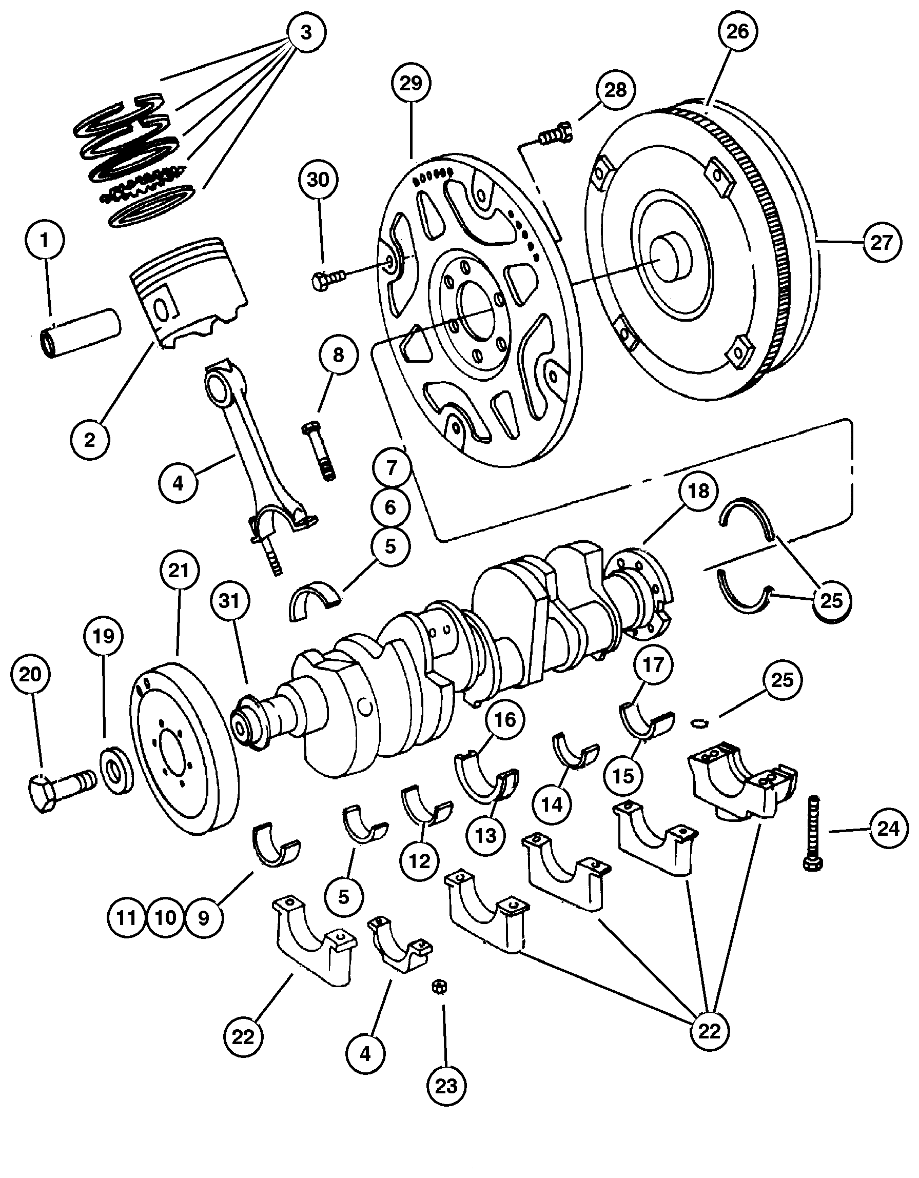 Exploded view: Crankshaft, Piston and Torque Converter 5.9L (EML) Engine