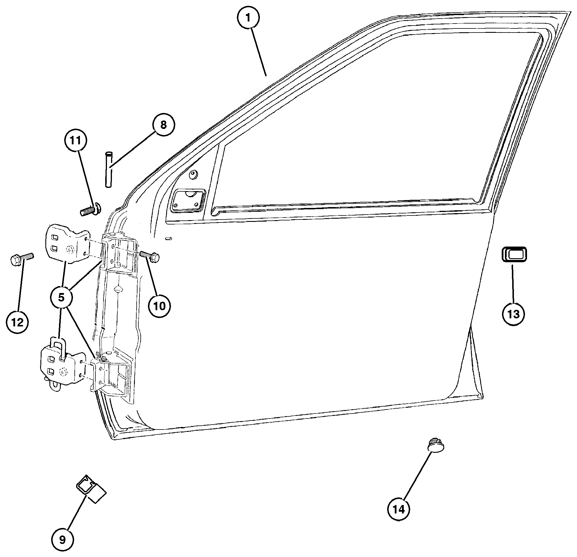 Exploded view: Door, Front Shell and Hinges