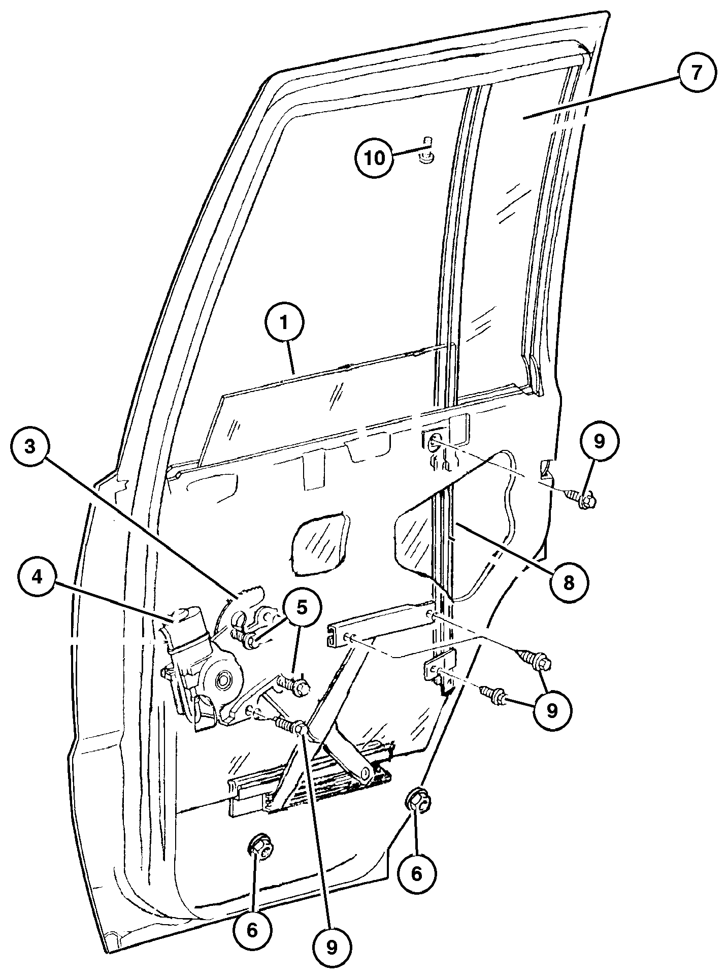Exploded view: Door, Rear Glass and Regulator