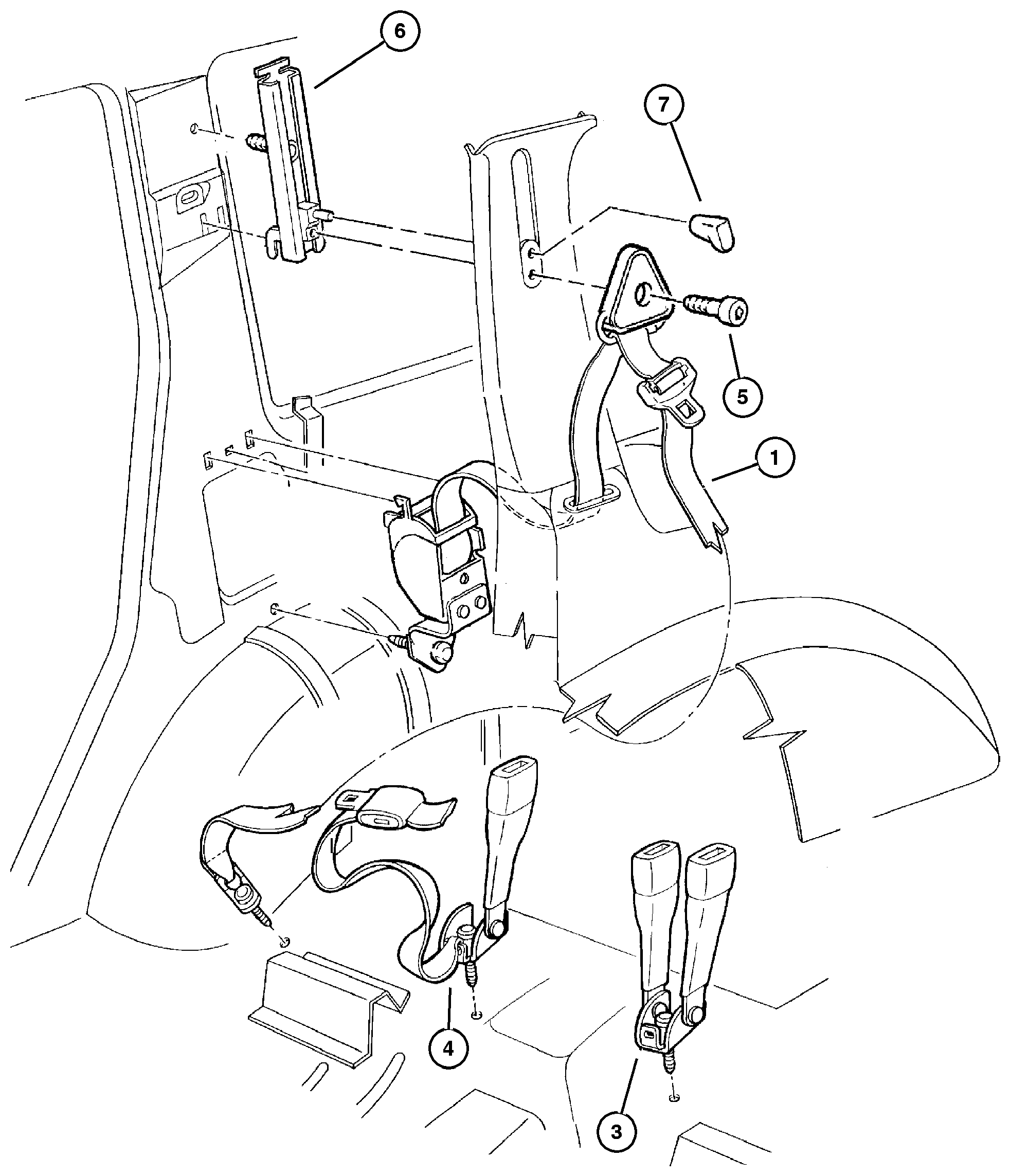 Exploded view: Seat Belts, Rear Seat