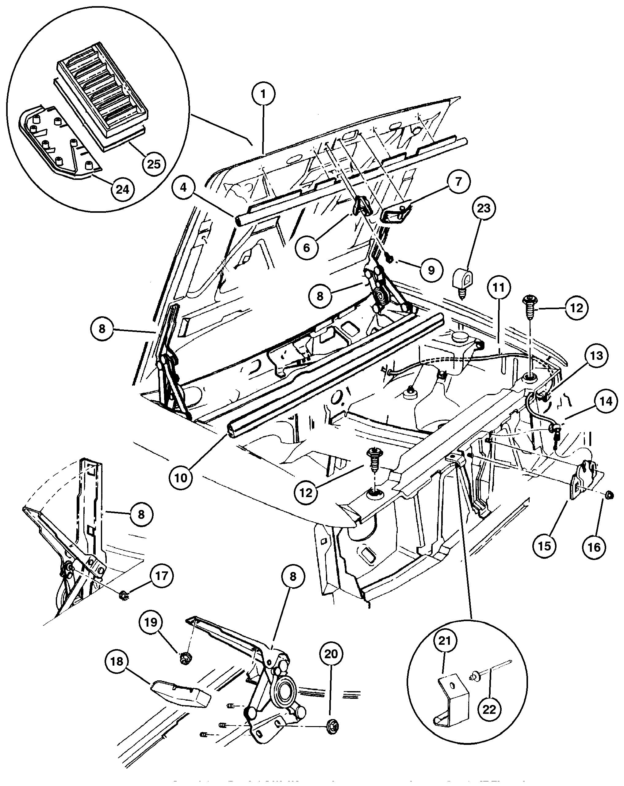 Exploded view: Hood, Latch and Hinges