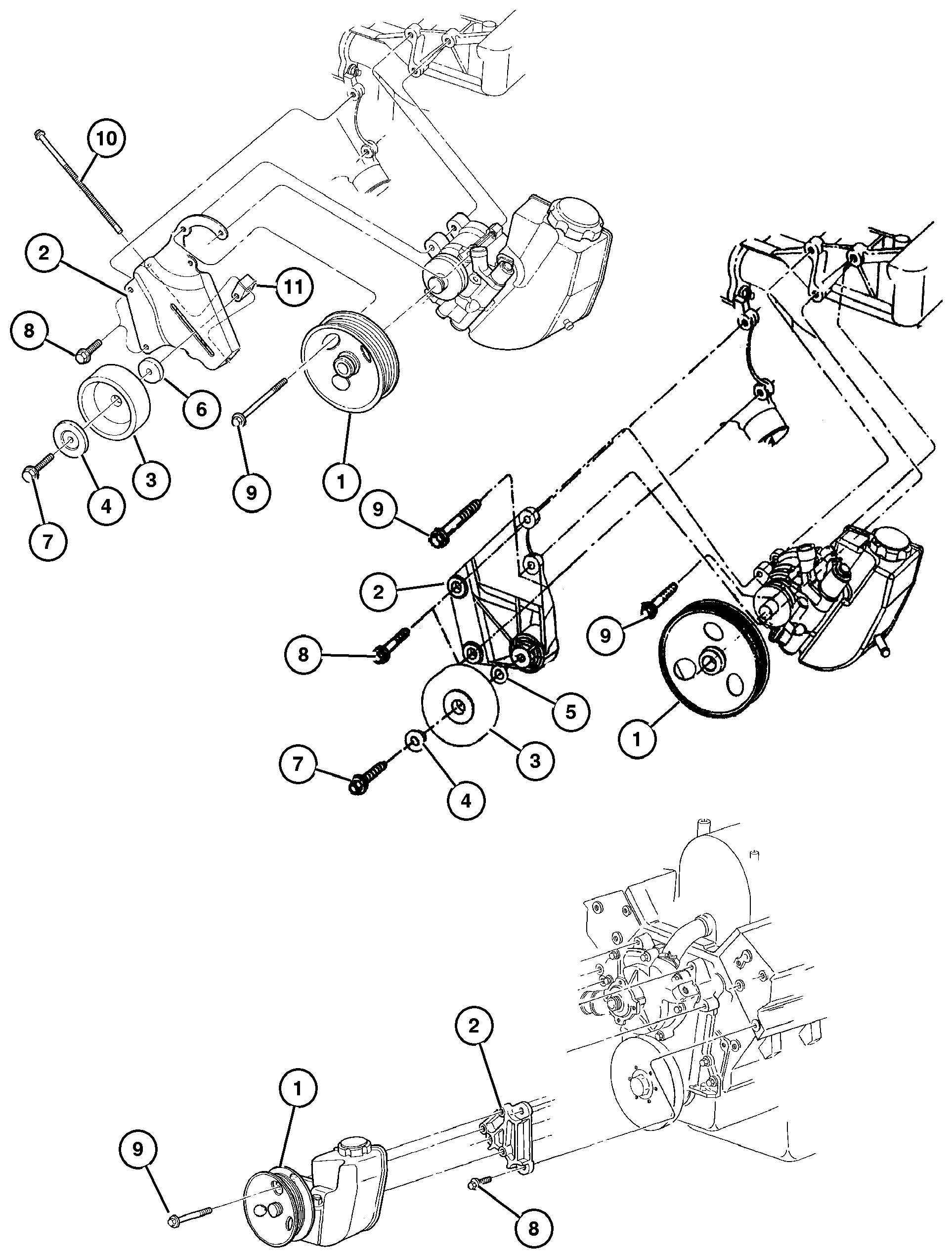 Exploded view: Pump Mounting, w/4.0,5.2,5.9L Engines