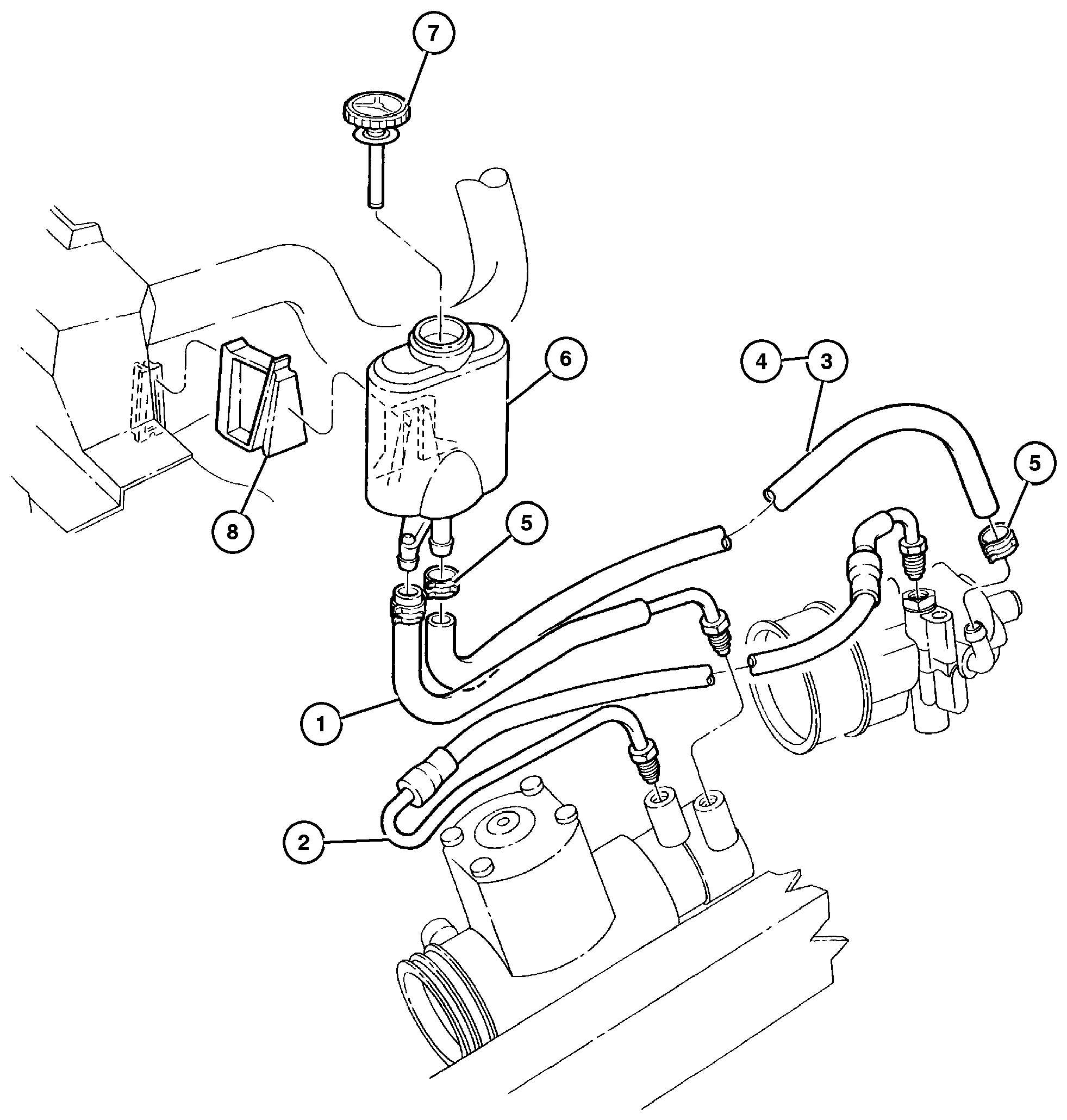 Exploded view: Hoses and Reservoir, w/2.5L Engine