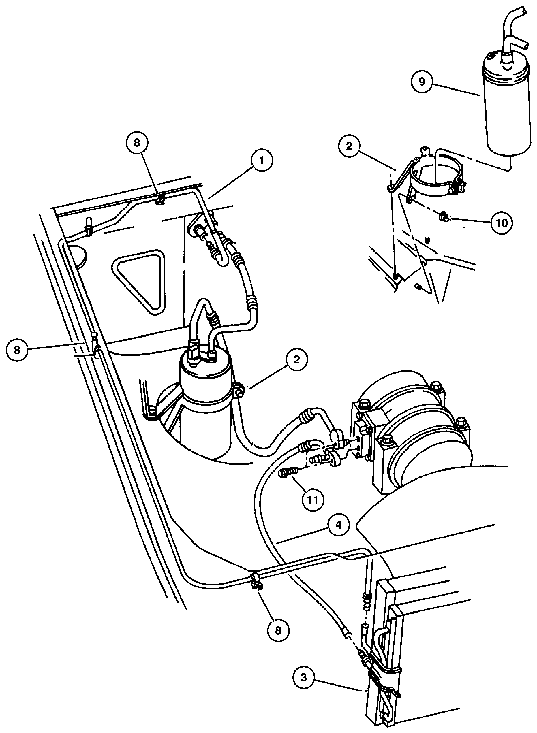 Exploded view: Accumulator, Condenser and Lines 4.0L Engine