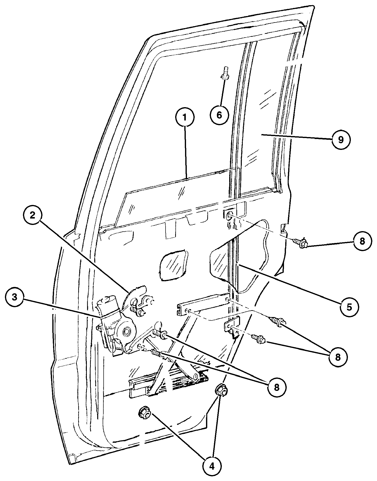 Exploded view: Door, Rear Glass and Regulators